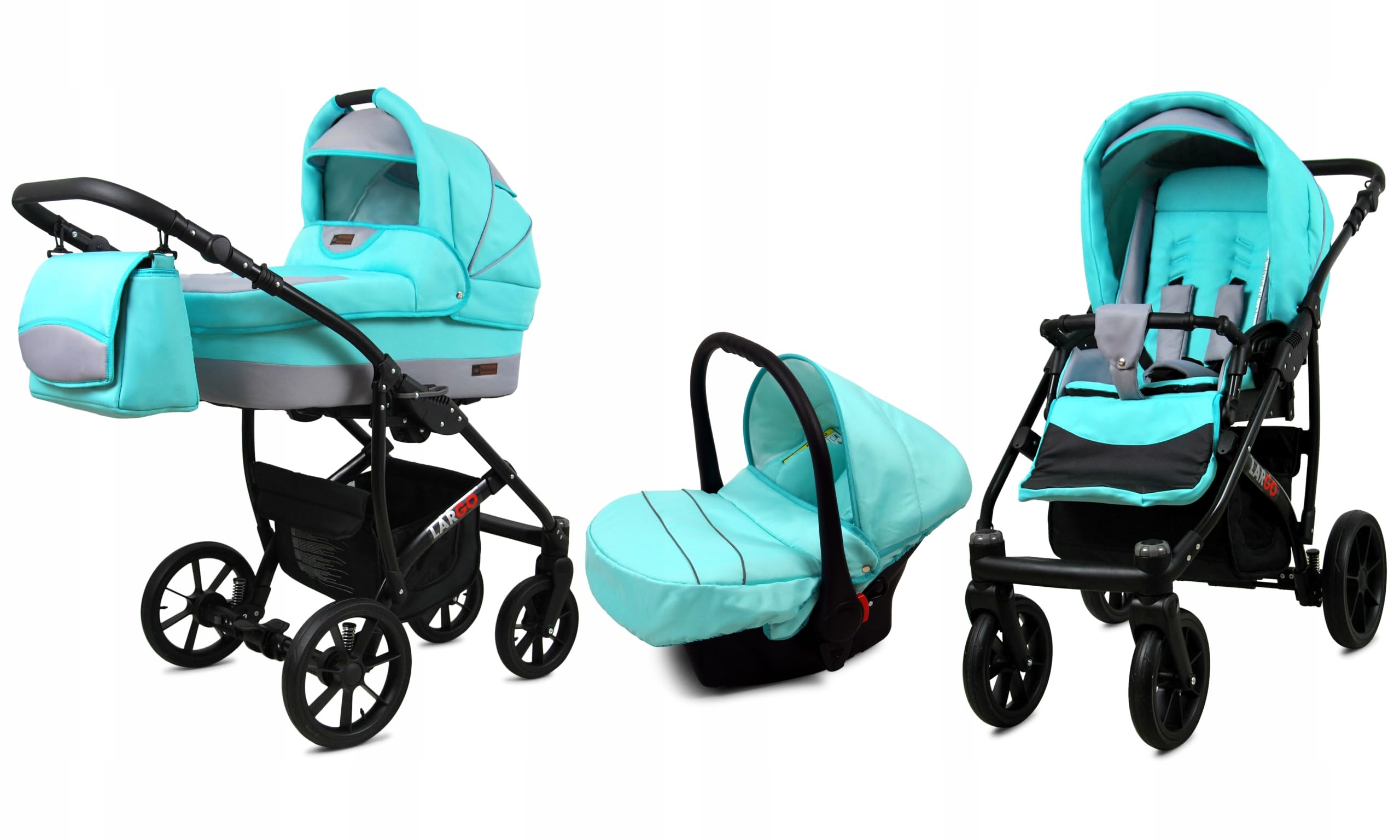 BabyLux® Zestaw wózków dziecięcych 3 w 1 – Largo – w zestawie wanienka dla niemowląt, fotelik sportowy, fotelik samochodowy – zestaw wózków dziecięcych z torbą do przewijania, osłoną przeciwdeszczową