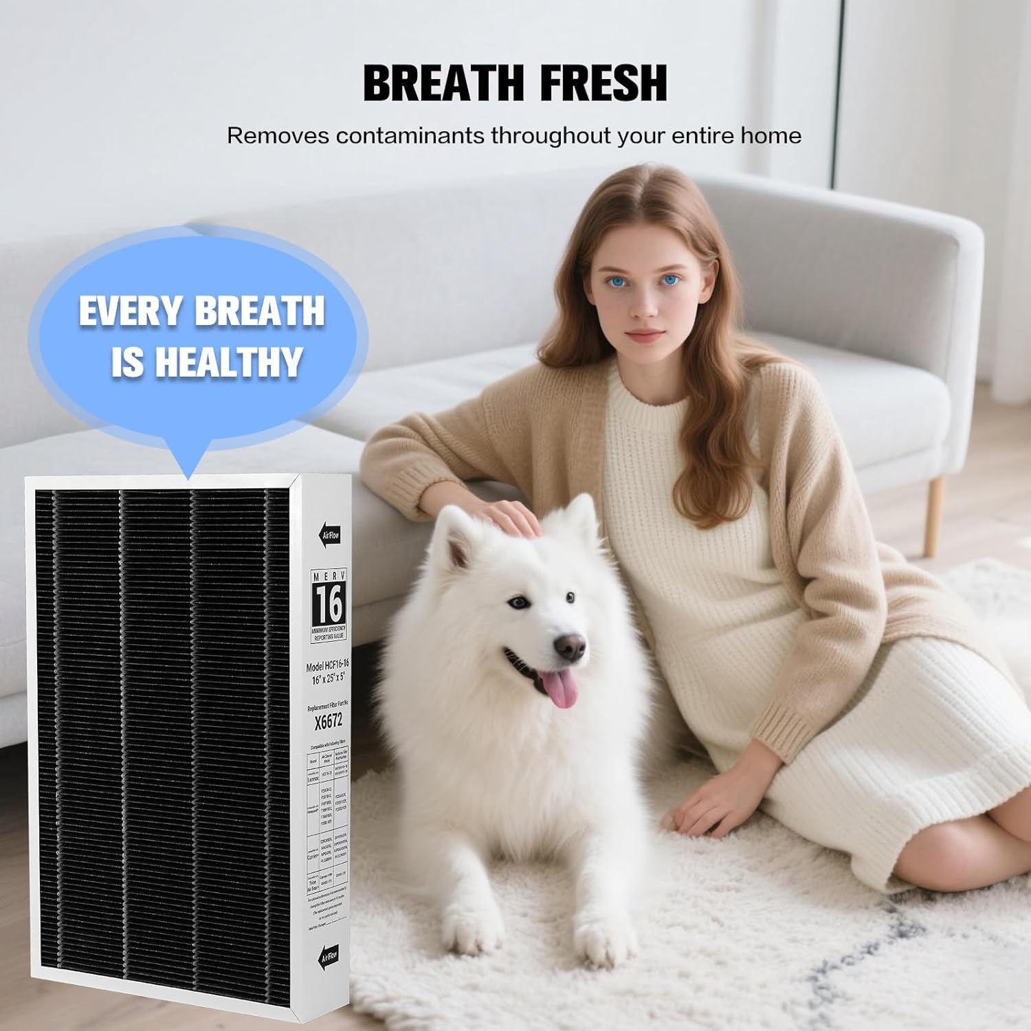 1Pack X6672 16x25x5 Air Filter MERV16 Compatible with Lennox X6672 and Lennox HCC16-28 Healthy Climate Carbon Clean Home Furnace Filter for HVAC System, Size: 24.69 * 15.79 * 4.33 In