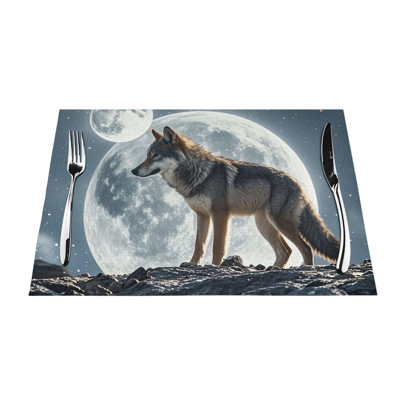 Placemats Set of 6 PCS Heat Resistant Non-Slip Place Mats for Dining Table wolf under moon Placemats Wipeable Washable PVC Weave Table Mats for Party Kitchen Dining Decor