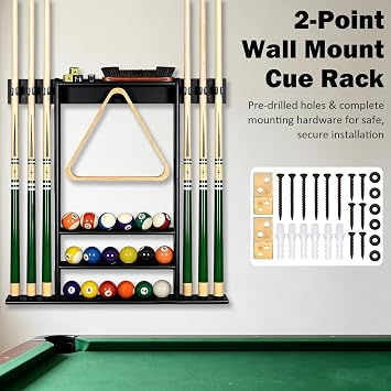 Wall Mounted Pool Cue Rack 6 Cues Metal Black Billiard Storage