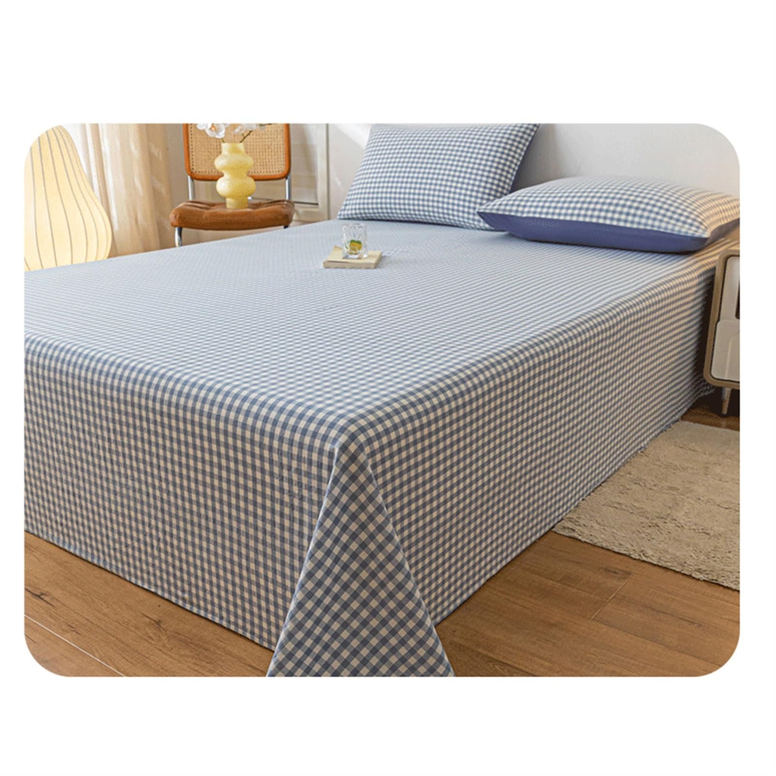 Bettlaken ohne Gummizug aus 100% Gewaschener Baumwolle Kariert Betttuch Laken Leintuch Haustuch ohne Gummi vielen Größen und Farben(Light Blue,160x230cm+48x74cm x2)