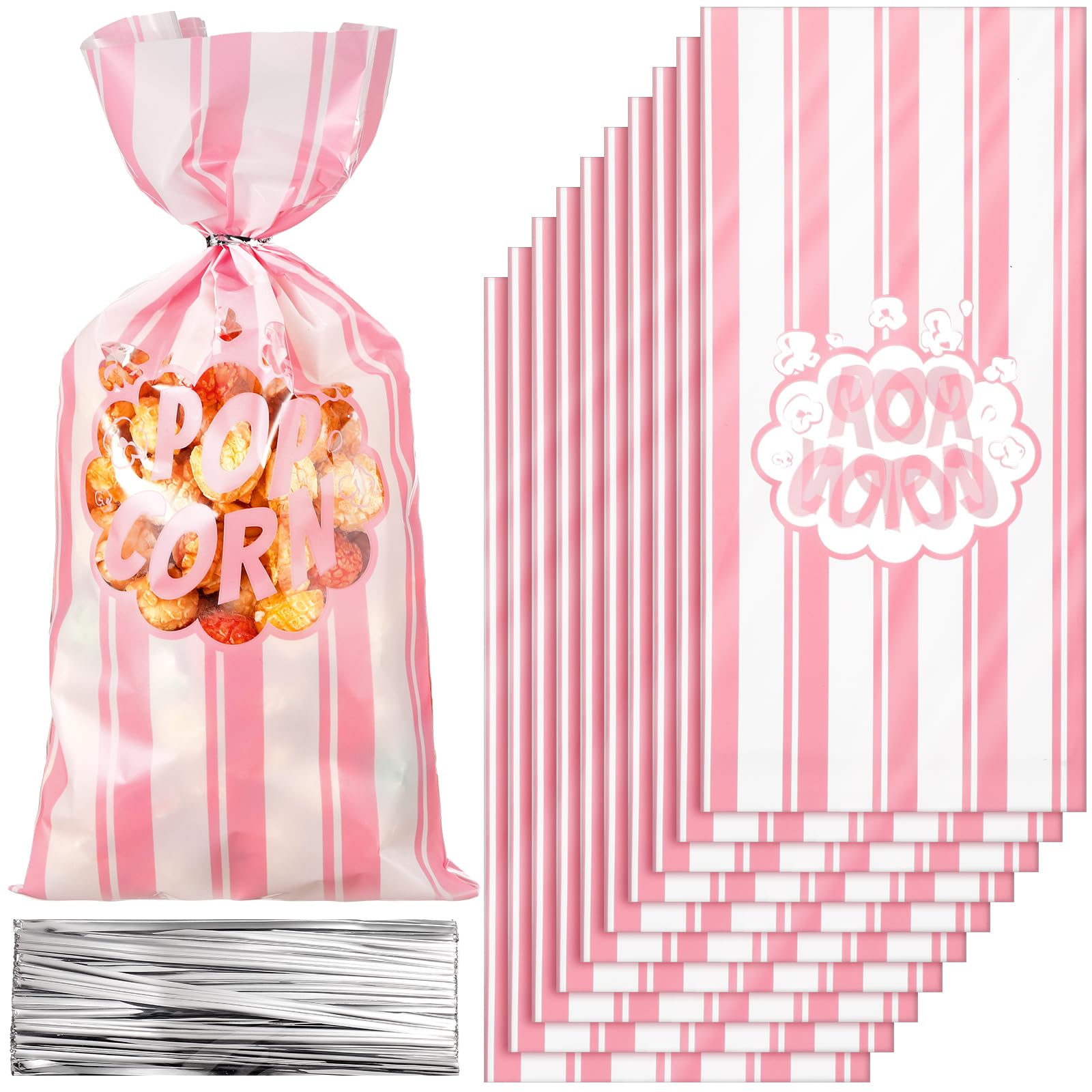 200 Pcs Pink Popcorn Bags for Party, Cute Striped Plastic