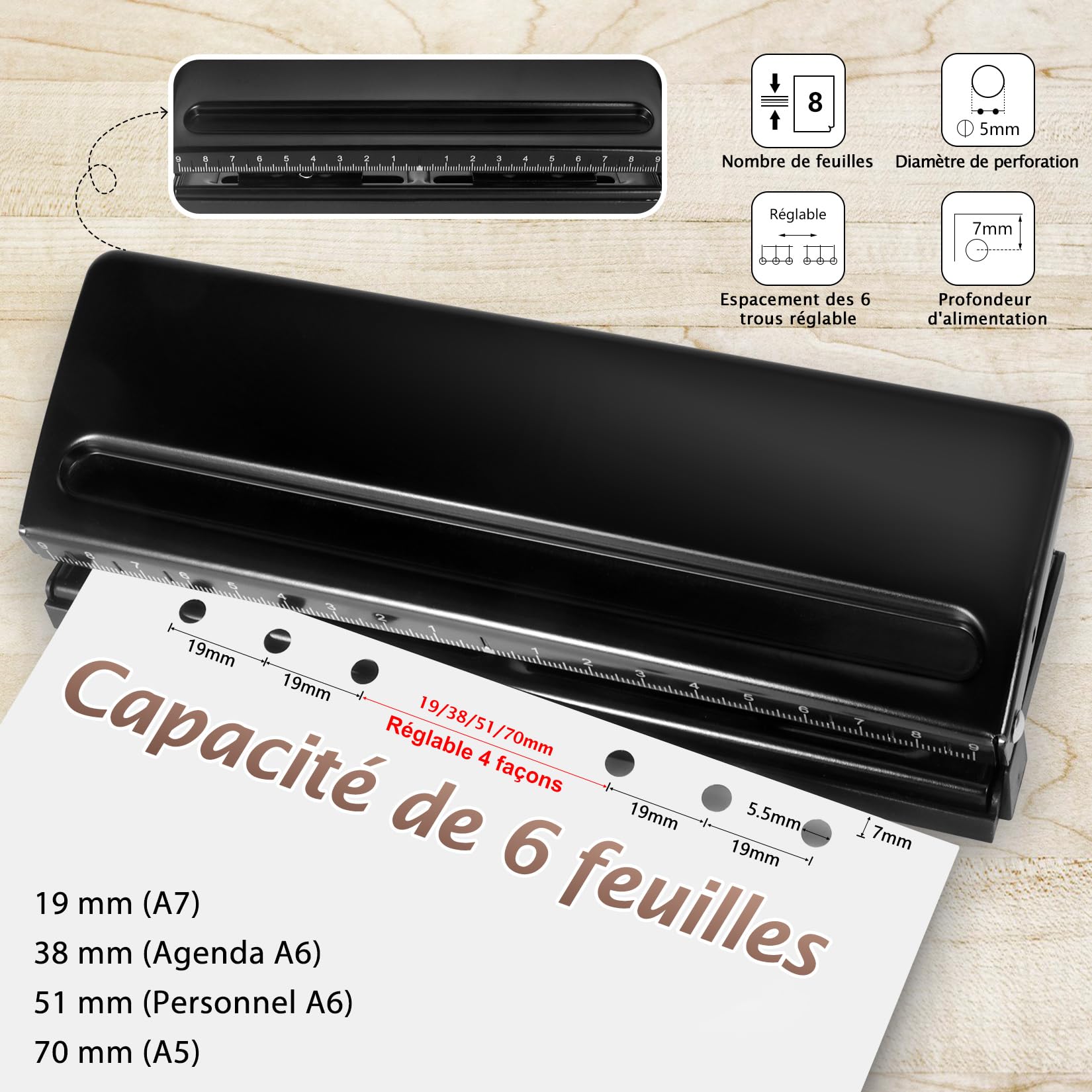 Perforateur en Métal Réglable à 6 Trous, A5 A6 A7 6 Ring Punch Avec Marque de Positionnement, 6 Capacités de Feuille Perforateur Pour Planificateur, Personnel, Recharge de Pages de Classeur