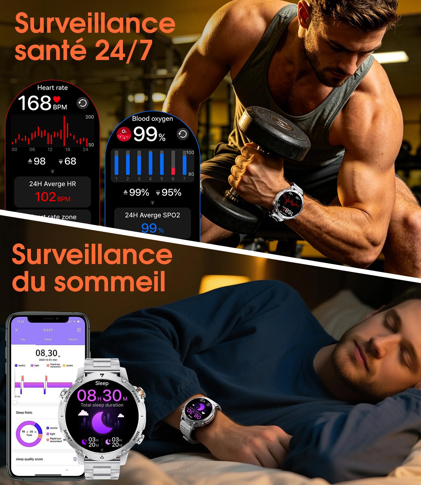 SUNKTA Montre Connectée Homme 1400 mAh 20 Jours Autonomie Grande Batterie 1,7″ HD Appels Bluetooth Militaire Smartwatch Homme pour iOS Android, Moniteur de Fréquence Cardiaque/Sommeil/Lampe LED,Argent