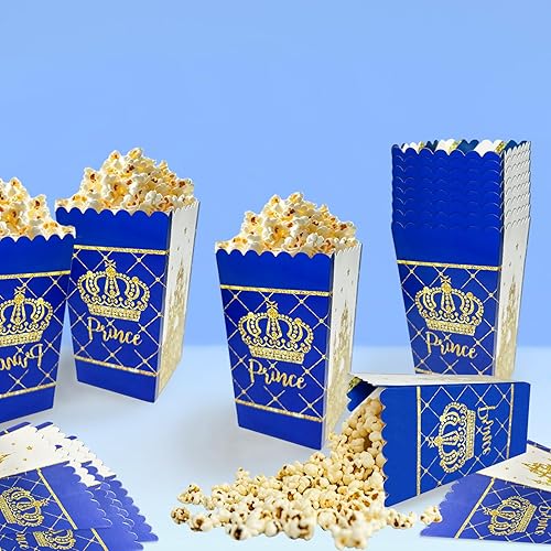 Miniatura 5 de MOAXMOA Juego de 24 cajas de palomitas de maíz con diseño de príncipe azul y dorado, con temática de baby shower, regalos de fiesta temática de