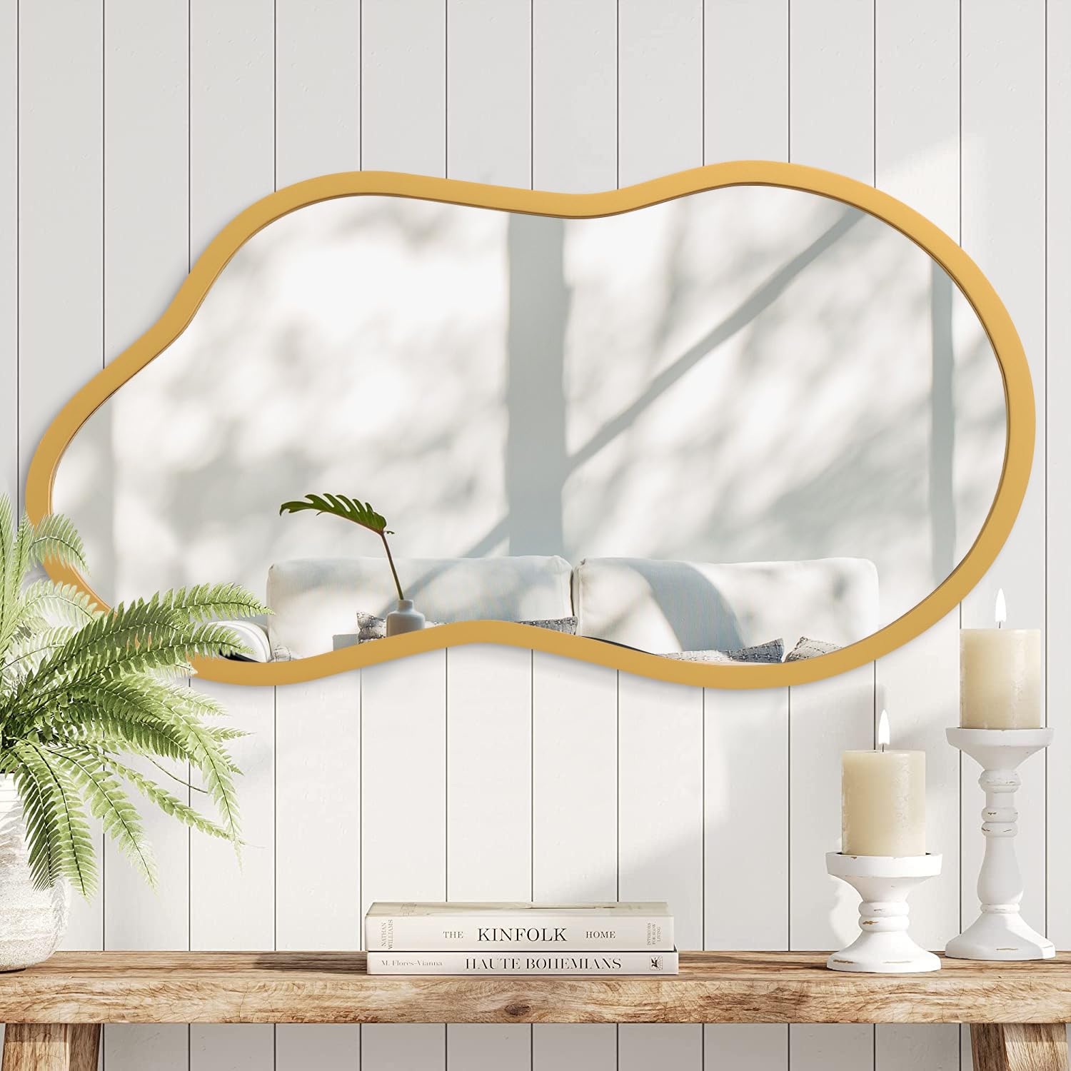 Aazzkang Gold Asymmetrical Mirror With Wooden Frame Irregular Decorative Wall Mirrors For Bedroom Dressing Room Living Room Bathroom Entryway Small