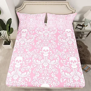 Damask Gothic Bed Sheets Adults Antique Victorian Fitted Sheet,Pink White Sugar Skull Sheets Queen Size Bed Set Vintage Baroque Floral Goth Bedding Set,Exotic Bone Skeleton Bohemian Decor