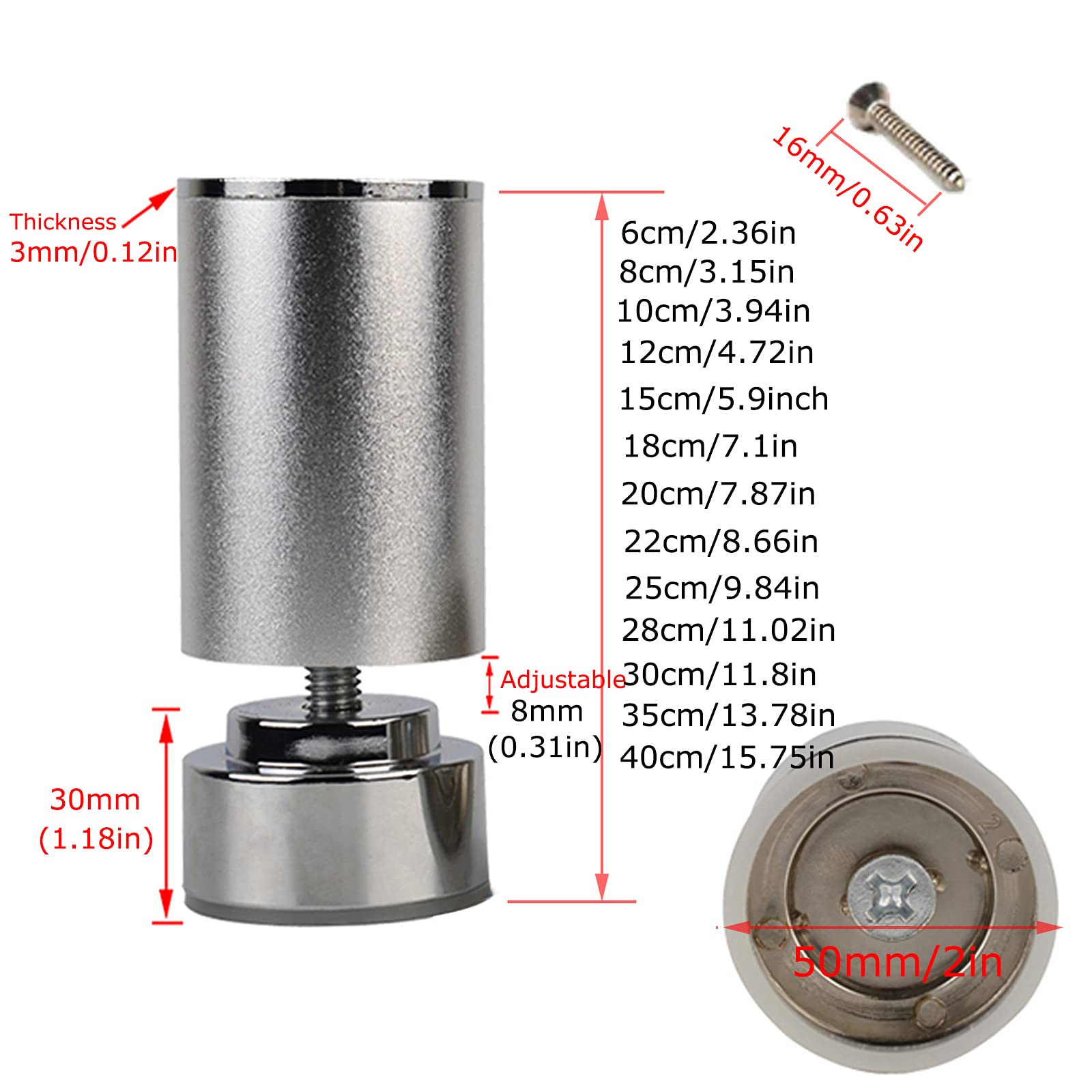 Regulowane okrągłe nogi sofy – srebrne aluminiowe nóżki meblowe 4-pak z antypoślizgowymi gumowymi podkładkami ABS, wysokość 8 mm, średnica 50 mm, idealne na stoły kuchenne i sofy.