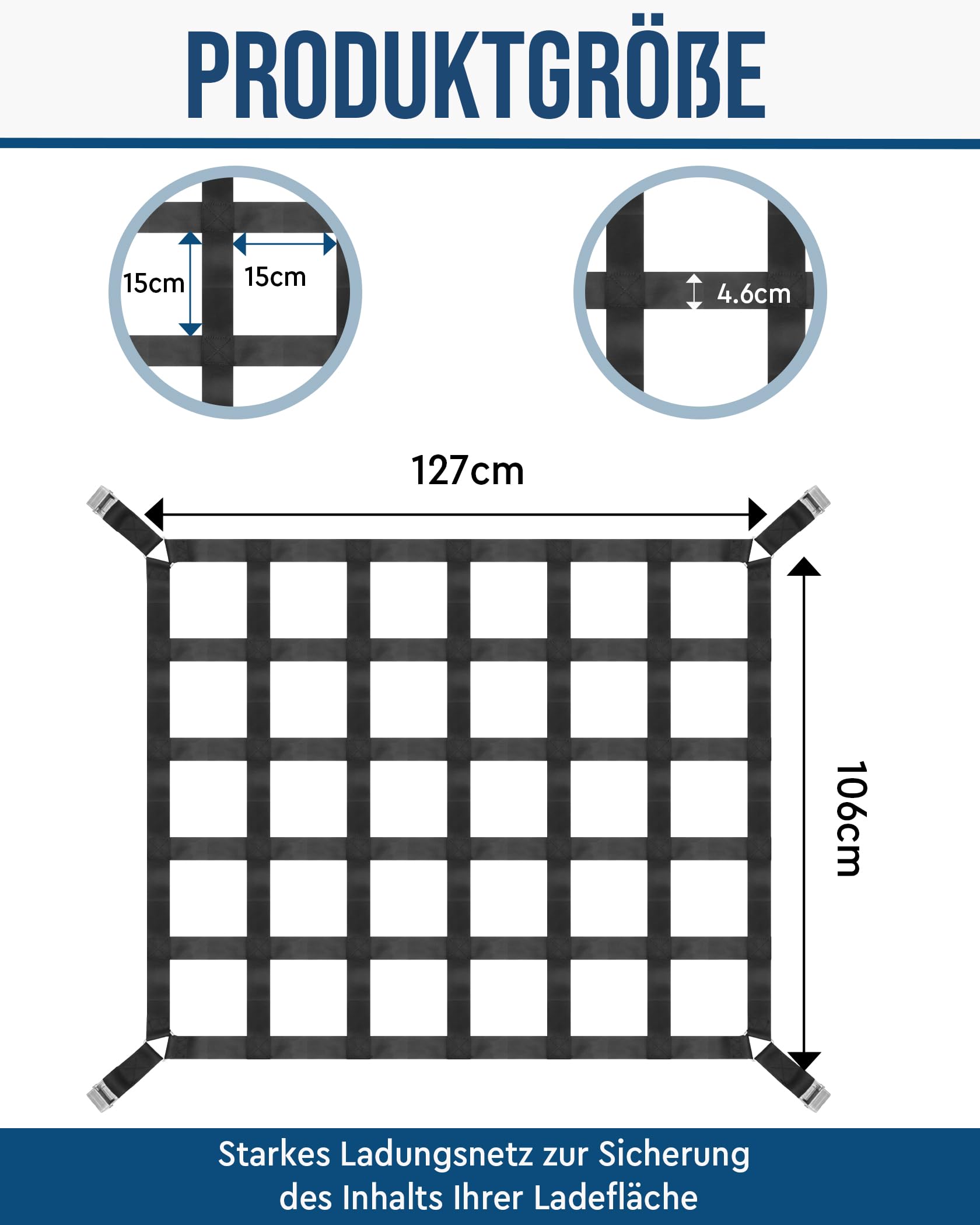 FoundGo Gepäcknetz für Pickup LKW Ladefläche [106x127cm 4.6cm Bandbreite] Schwerlast Anhängernetz Reißfest Heckklappe Frachtnetz Verstellbar für Pickup LKW Anhänger inkl. 4X Festen Gurten