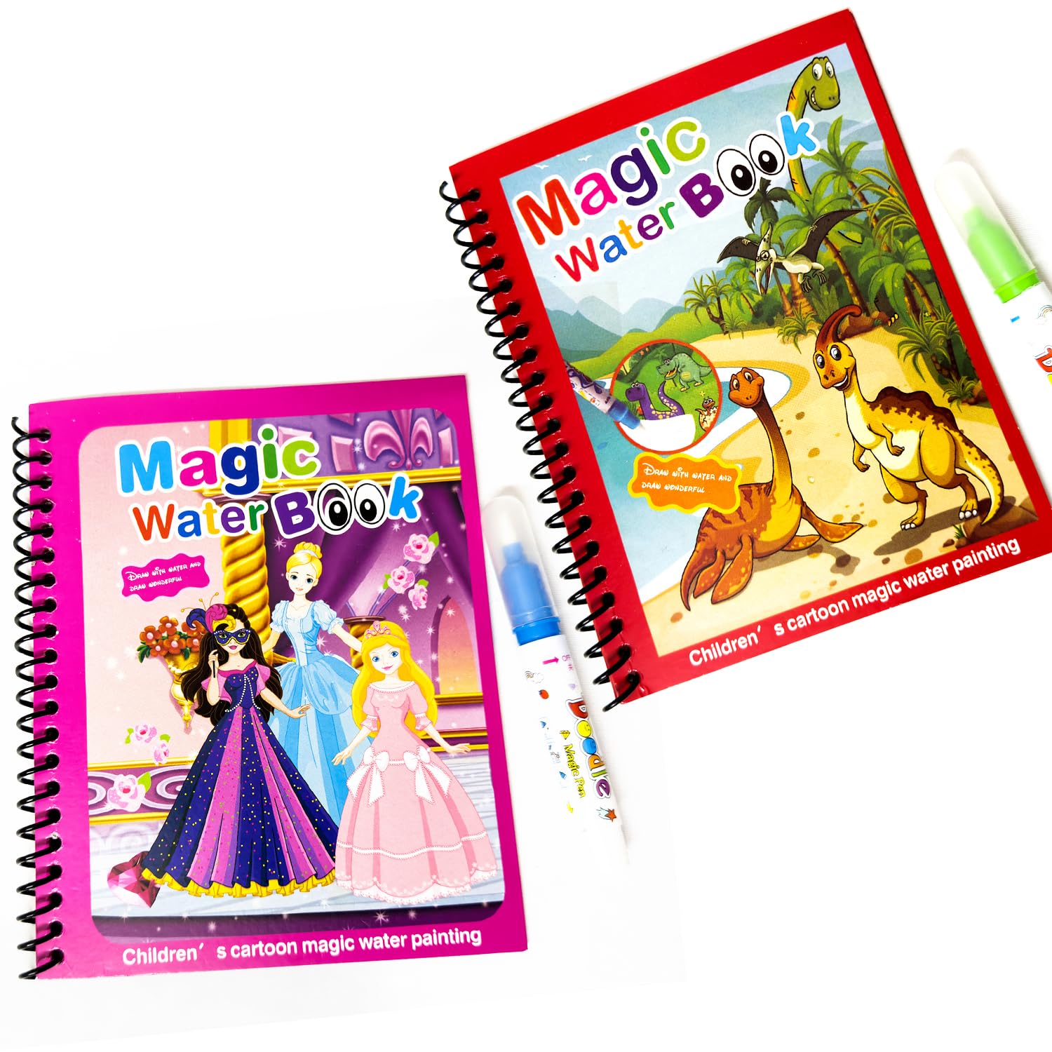 DASM UNITED Pack of 2 Water Magic Coloring Drawing Book for Kids Unlimited Fun - 2 Reusable Water Pen + 2 Books Inside, Different Cartoon Color Image Visible Reusable Activity Pad for Children Design 8