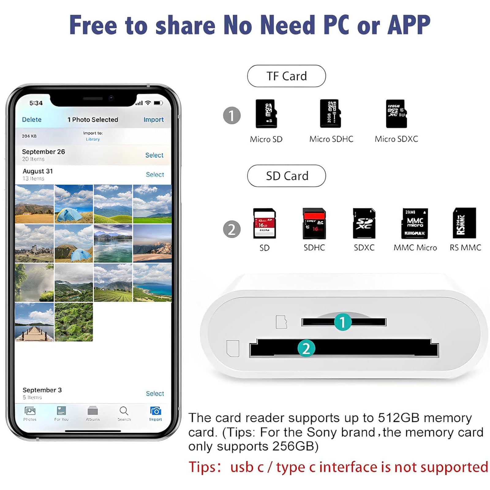 Lecteur de Carte SD pour iPhone iPad, Lightning Adaptateur SD Micro SD