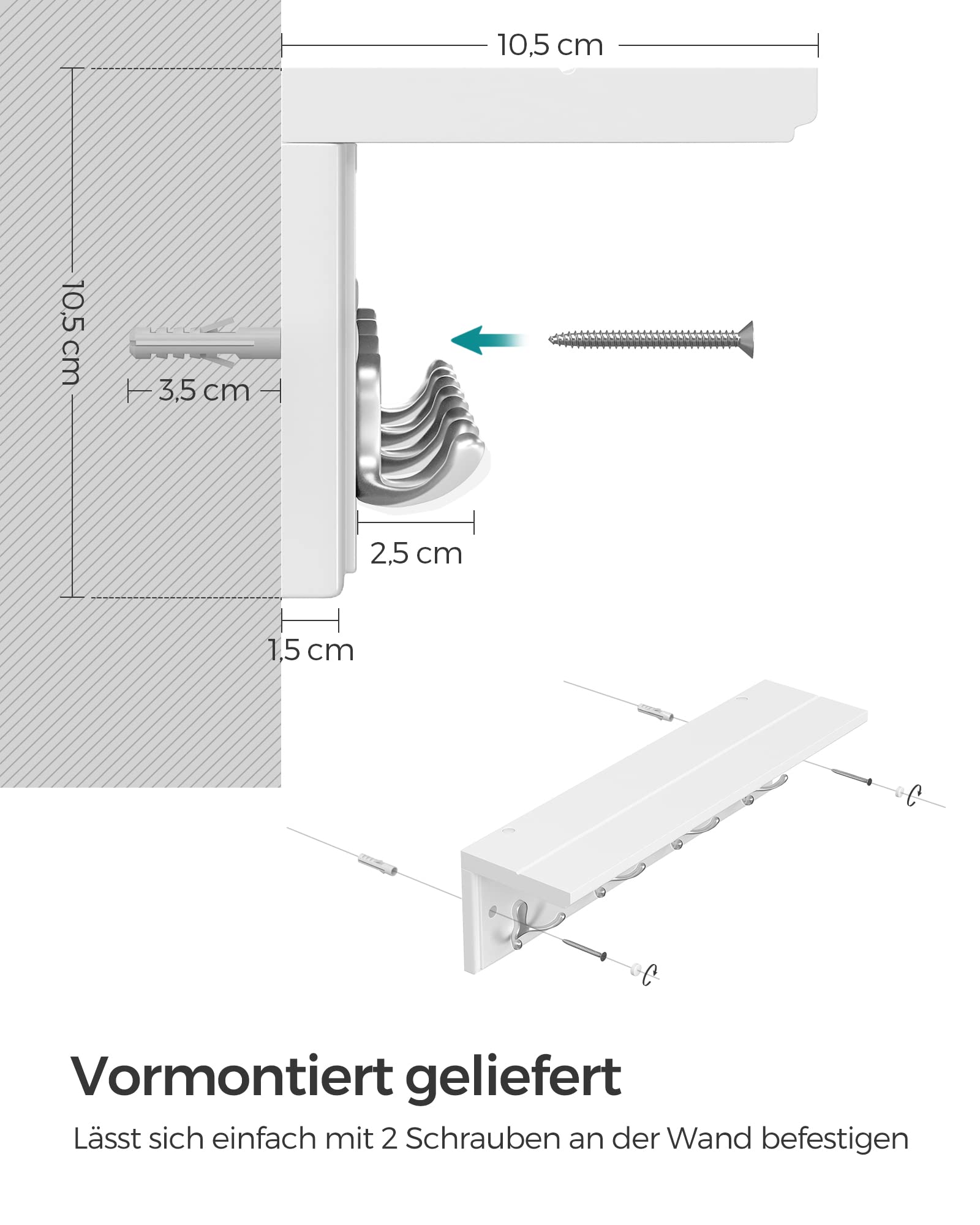 SONGMICS Wandgarderobe mit Ablage, Flurgarderobe, Garderobe für Wand, Garderobenleiste mit 4 Doppelhaken aus Metall, für Mäntel, Taschen, für Flur, Schlafzimmer, Wohnzimmer, weiß LHR42WT
