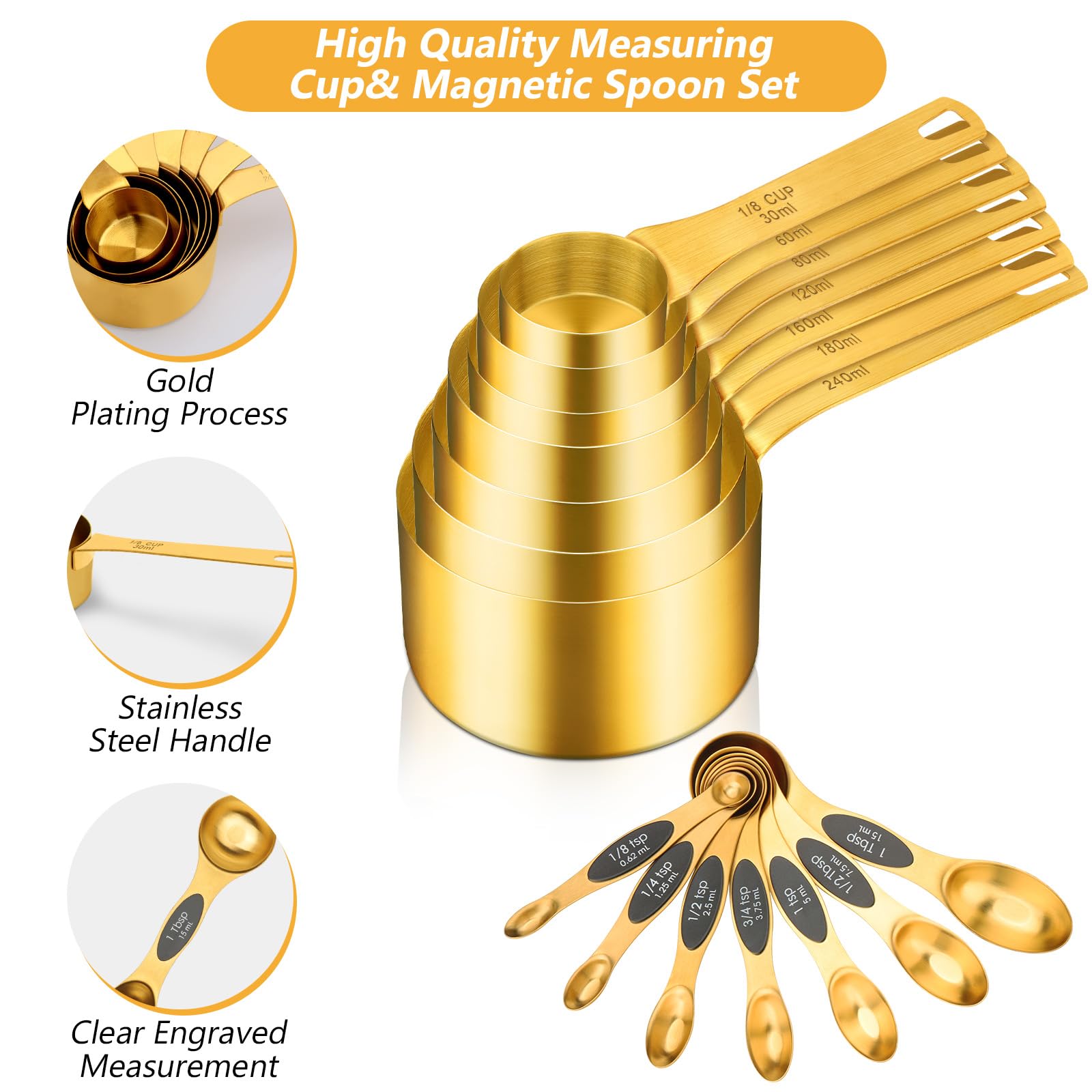 GuDoQi Gold Magnetische Messlöffel und Becher Set mit 15 Stück, 8 doppelseitige magnetische Messlöffel-Set mit Nivellierer, 7 Messbecher, Premium-Edelstahl, Messung für flüssige und trockene Zutaten