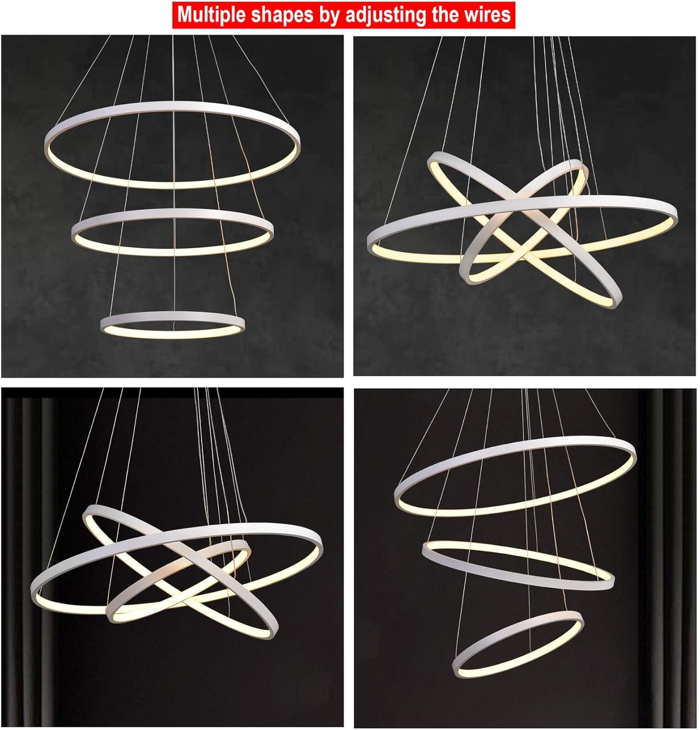 Modern Chandelier Lighting Dimmable LED Ceiling Dining Room Chandeliers Contemporary Pendant Lights Living Room Warm White Only Light Fixtures Hanging 3 Ring Foyer Bedroom White