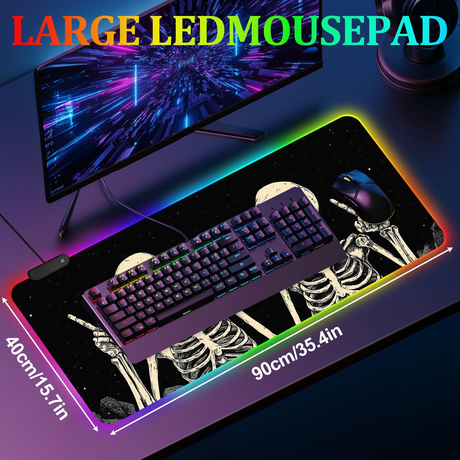 Tappetino per mouse da gioco RGB XL 89,9 x 40,6 cm, con teschio scheletrato, tappetino per mouse da gioco LED, antiscivolo, grande tappetino da scrivania per configurazione dei giocatori