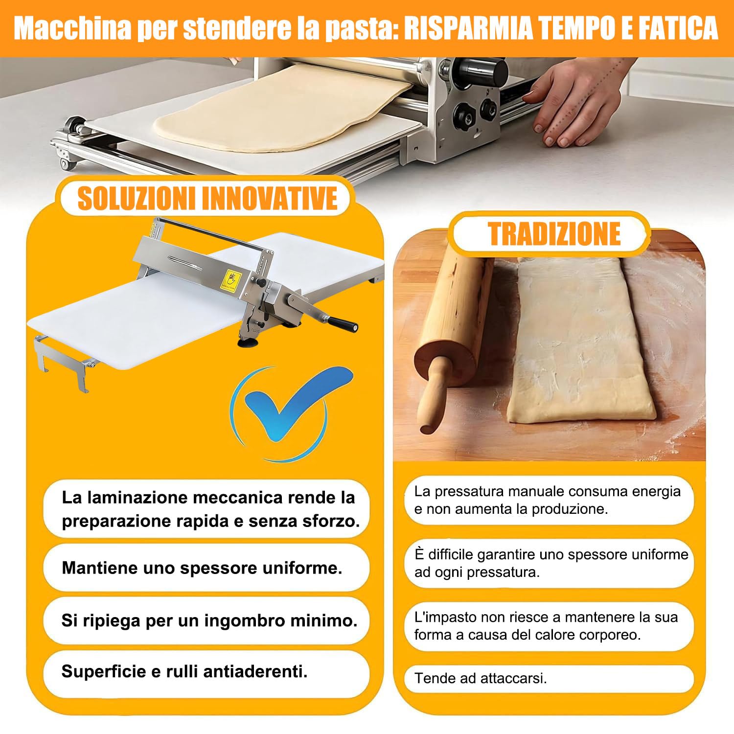 Sfogliatrice Manuale per Pasta Sfoglia | Macchina per Stendere la Pasta per Croissant, Pizza e Dolci | Ideale per Casa e Pasticceria | Spessore Regolabile 2–25 mm, Design Pieghevole Salvaspazio Large