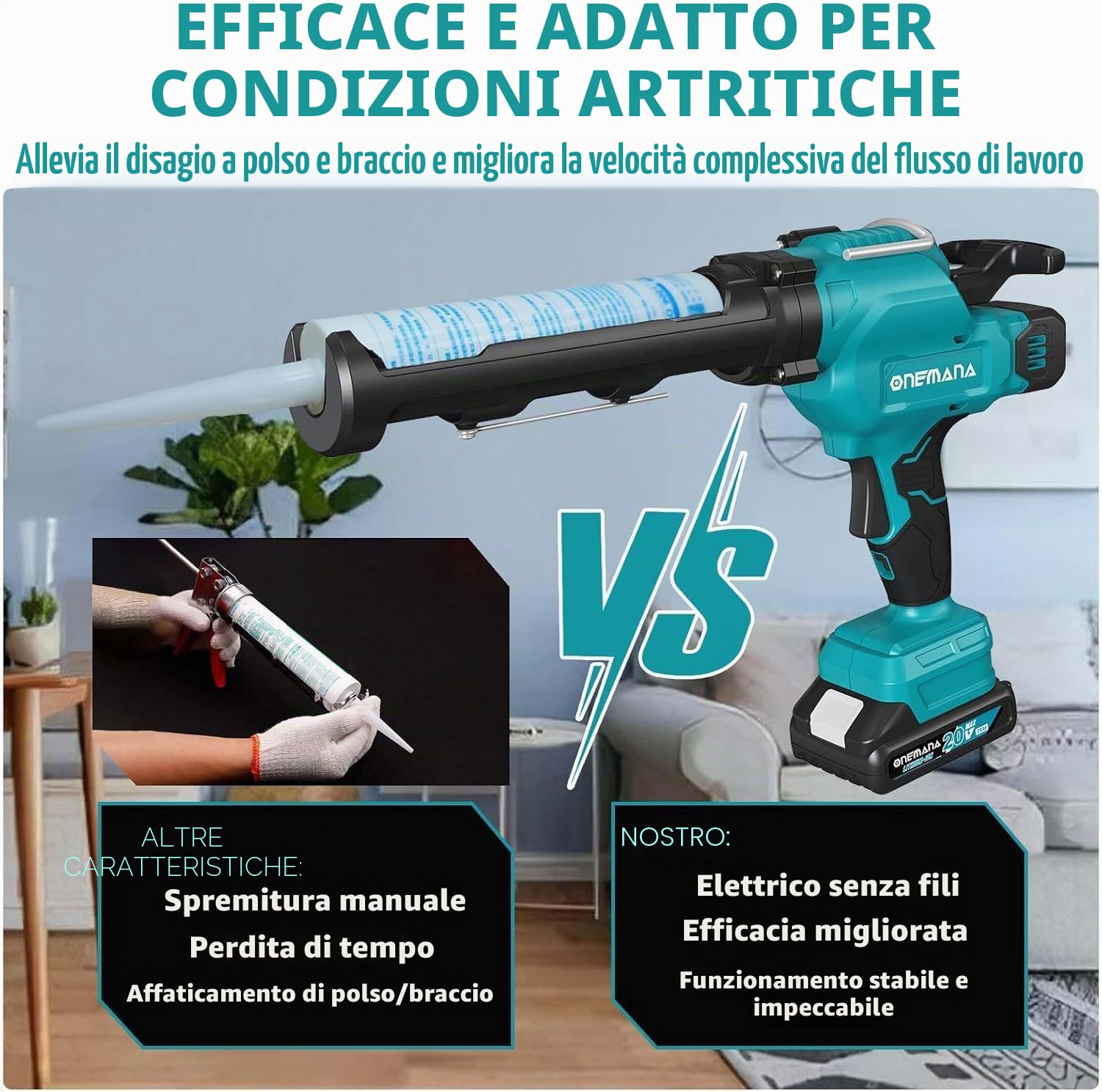 Pistola per cartuccia a batteria 18 V, per cartucce da 300 ml, fino a 6500 N, siringa elettrica in silicone a 6 velocità, per sigillatura, spatola, sigillatura (Con batteria 2.0AH)