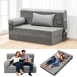 Sofá-cama dobrável - cadeira conversível com travesseiro e apoio de braço, tecido de linho moderno confortável para chão e futon, colchão dobrável para sala de estar/convidados/escritório em