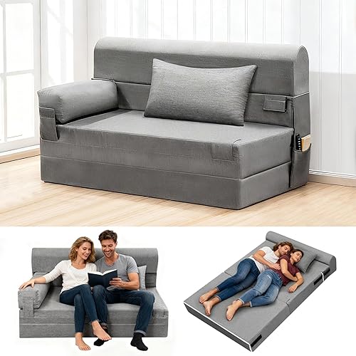 Folding Sofa Bed-Convertible Sleeper Chair with Pillow & Armrest, Modern Linen Fabric Comfy Floor & Futon Sofa Bed, Foldable Matress for Living Room/Guest/Home Office, Double Size, Light Gray