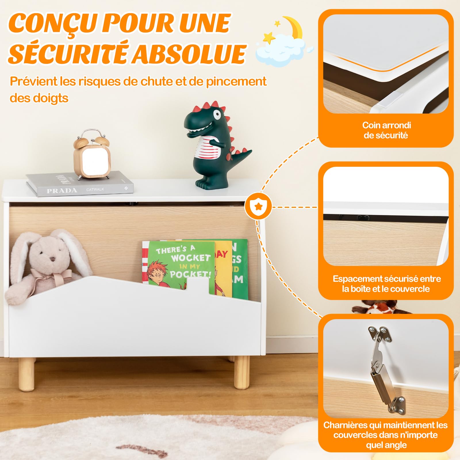 GOPLUS Coffre a Jouets Enfant, Meuble Rangement Jouets Enfant Garçons Filles, avec Pieds en Bois de Pin, Poignées et Charnière de Sécurité, Étagere de Livre pour Chambre d'Enfant (Blanc)