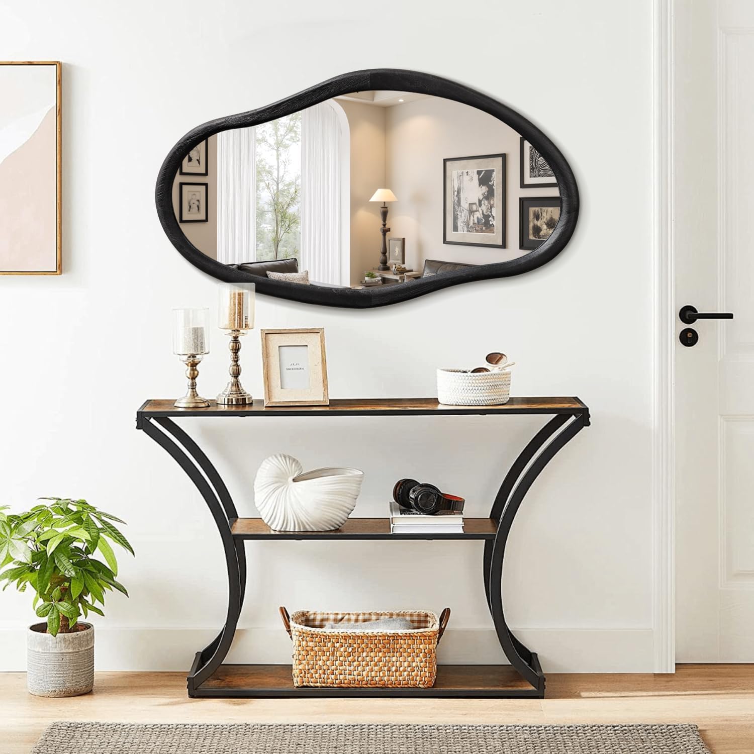 JJUUYOU Irregular Mirror Black Asymmetrical Wooden Wall Mirror 34"x22" Large Home Decorative Wall Mounted Vanity Hanging Mirrors for Bathroom Dressing Room Living Room