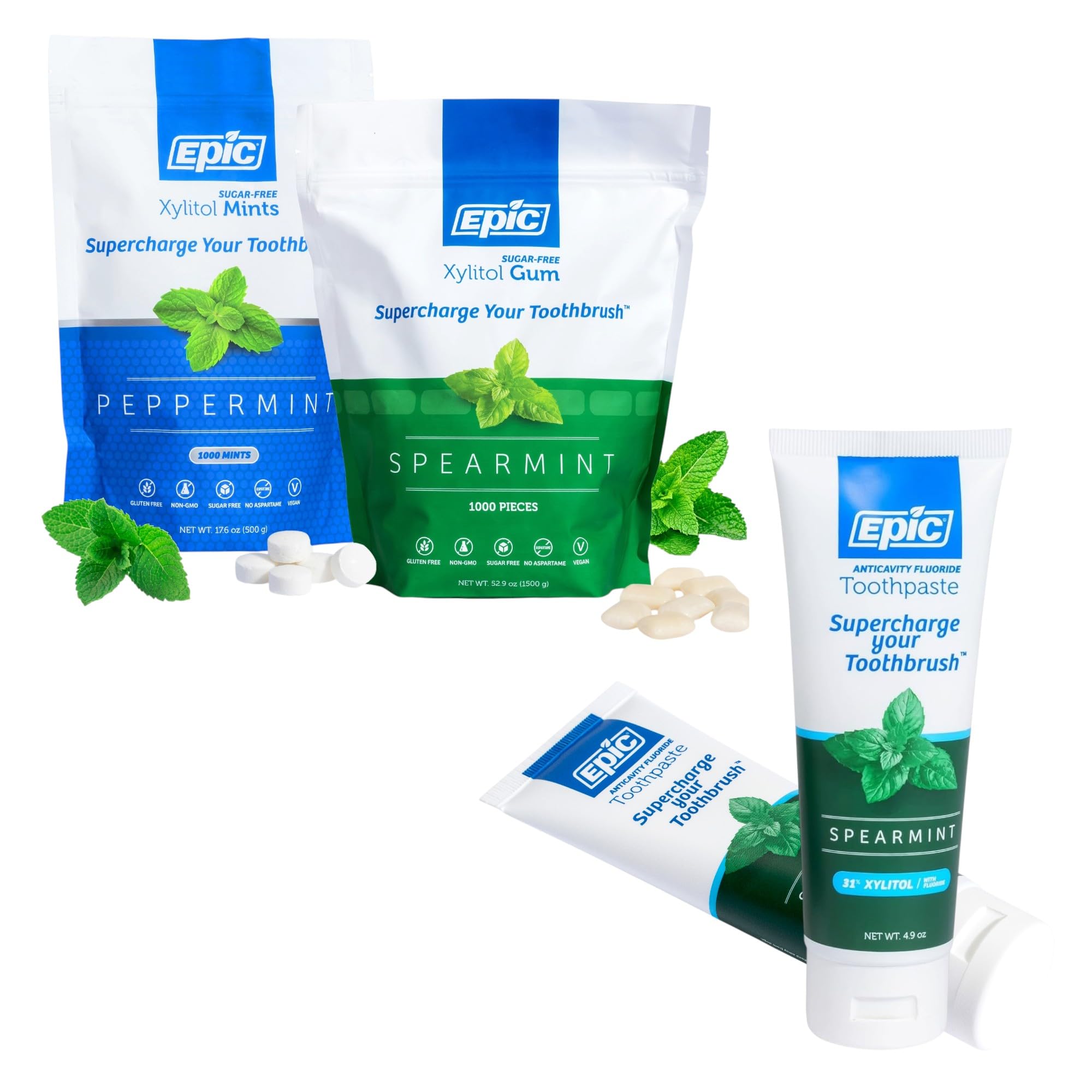 Epic Dental Sugar Free Oral Care Set 1000-Piece Spearmint Gum 1000 Peppermint Mints 2 Tubes Spearmint Fluoride Toothpaste