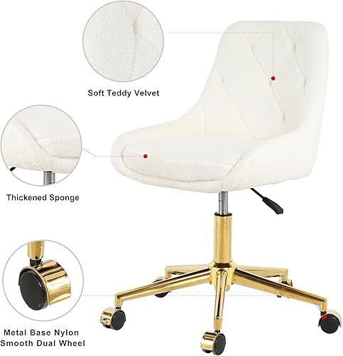 Miniatura 4 de Silla moderna de terciopelo para oficina en casa, silla de escritorio tapizada con respaldo copetudo tejido y patas de metal dorado, silla giratoria