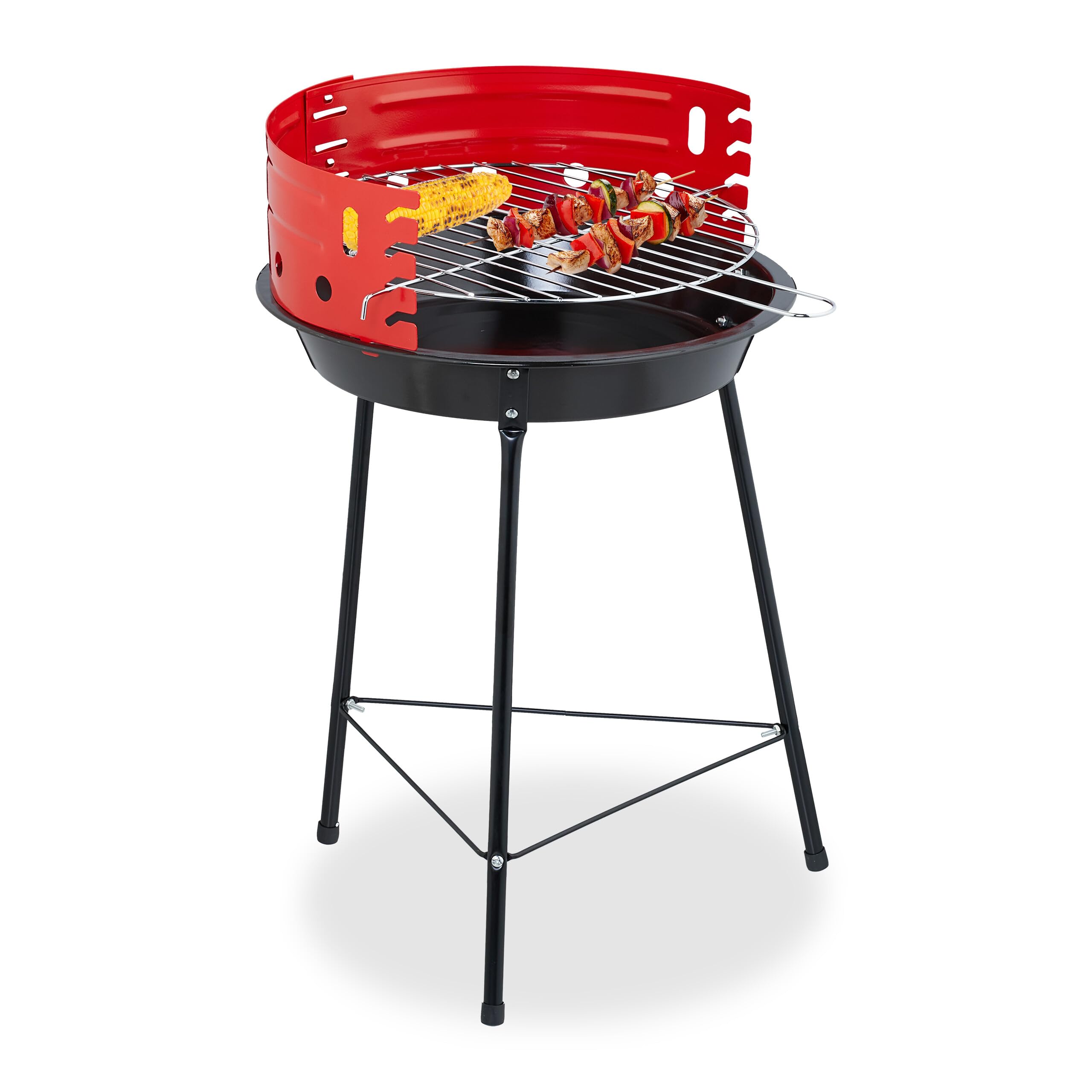 Relaxdays Charcoal Barbecue, Ø 37 cm, Tripod Stand, Round Grill, for Picnic, Garden & Park, with Wind Block, Black/Red