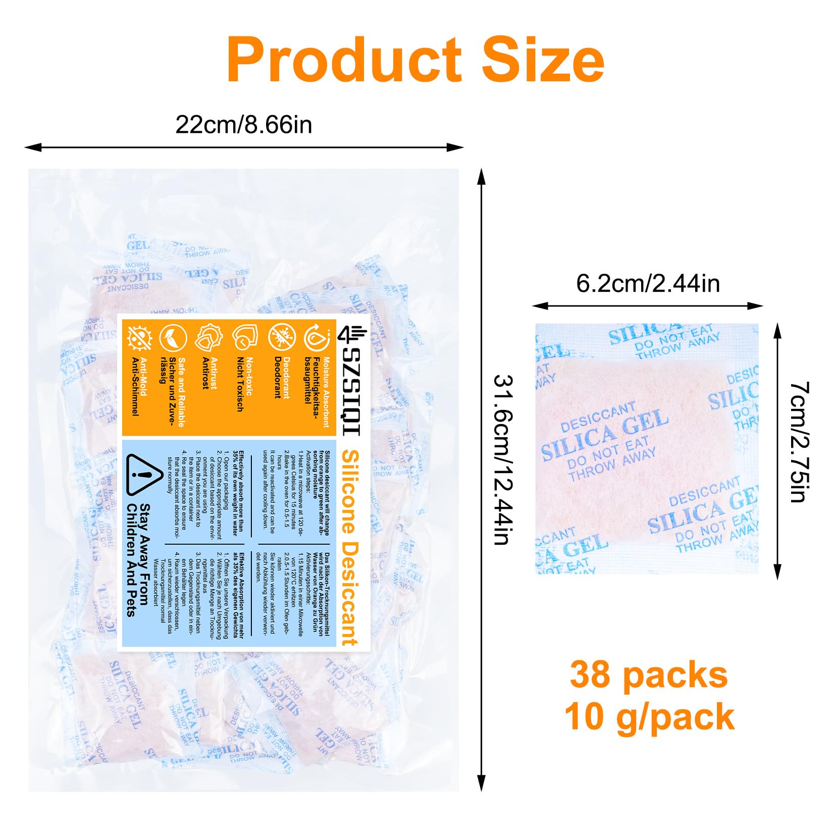 10 g x 38 Pcs Silica Gel Sachets de Gel de Silice, Sacs déshydratants, déshydratant indicateur d'humidité orange à vert, pour dispositifs de rangement de vêtements (10 g)