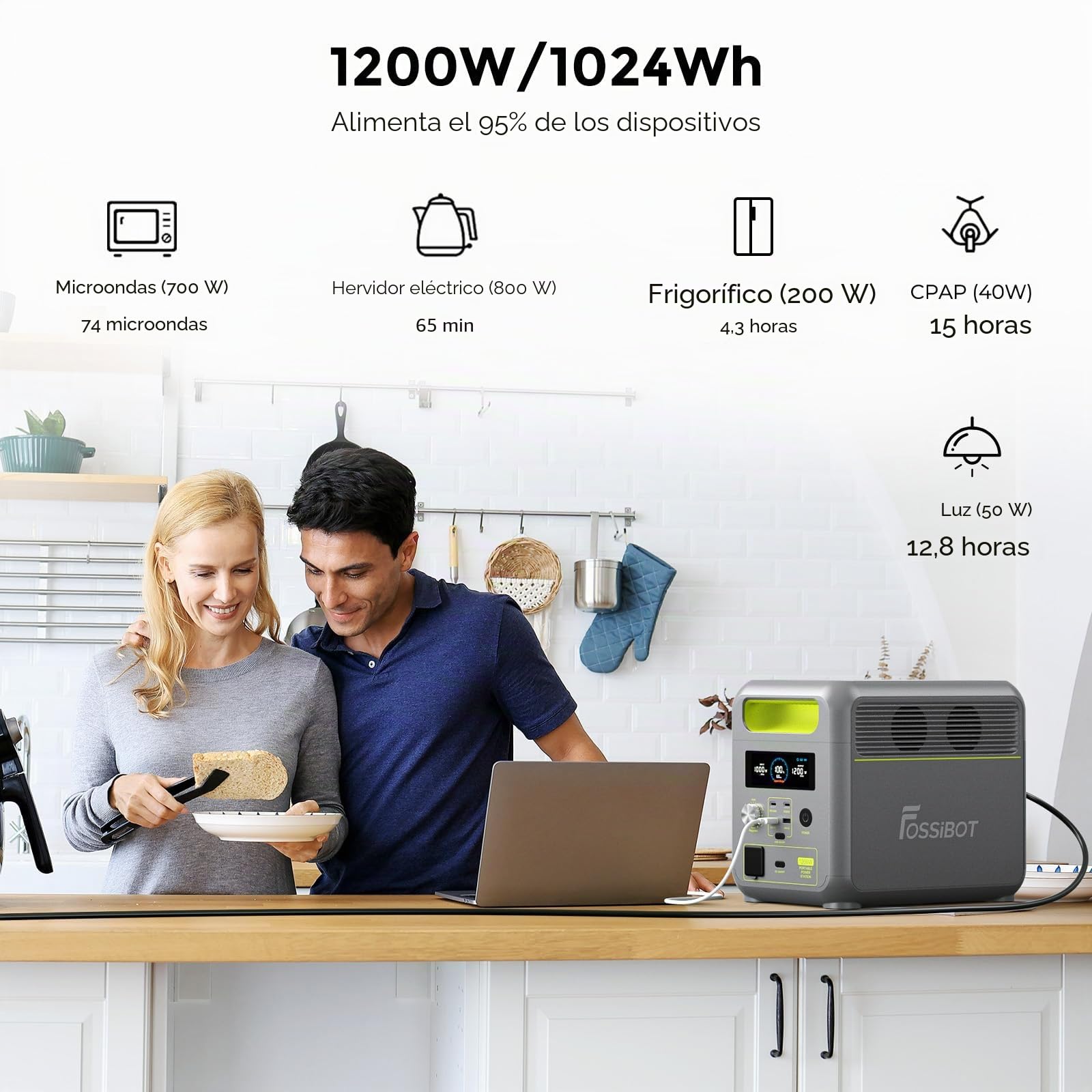 FOSSiBOT Estacion de energia portatil F1200,1024Wh LiFePO4,con 2 Salidas AC de 1200W(Power Lifting 2400W),100W Typ-C, Carga Rápida de 49min.de 0-80%,Generador Solar para hogar/caravanasa/campada