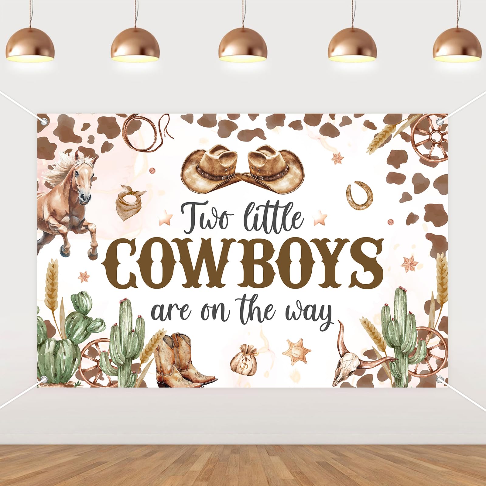 JOYMEMO 5x3ft Two Little Cowboys are On The Way Backdrop, Two Little Cowboys Baby Shower Decorations for Twins, Brown Wild West Baby Boys Shower Party