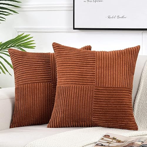 Fancy Homi 2 Packs Rust Boho Decorative Throw Pillow Covers 18x18 Inch for Living Room Couch Bed, Farmhouse Home Decor, Soft Corss Corduroy Patchwork Textured Terracotta Accent Cushion Case 45x45 cm
