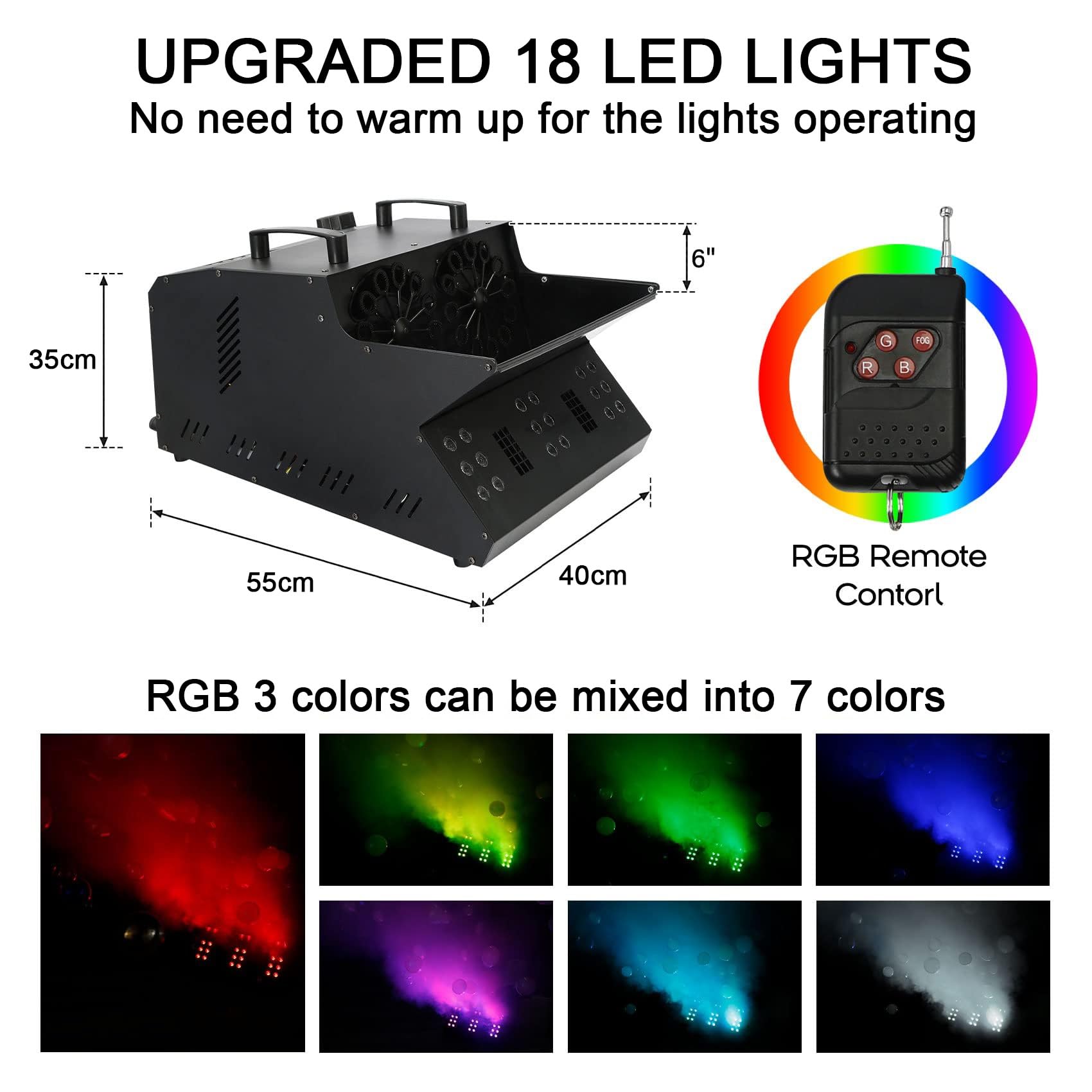 Maszyna do dymu przeciwmgielnego CO2 z 18 diodami LED RGB, DMX Stage Fogger Bubble Machine z 2 wentylatorami na ślub, Halloween, imprezę efekty sceniczne