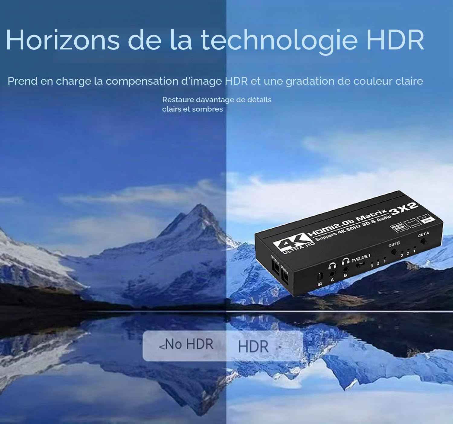 Matrice HDMI 3 x 2 4K60 Hz Commutateur matriciel 3 entrées 2 sorties avec extracteur EDID et télécommande infrarouge, prend en charge Ultra 4K HDR, 3D/1080p, HDMI 2.0b, HDCP 2.2