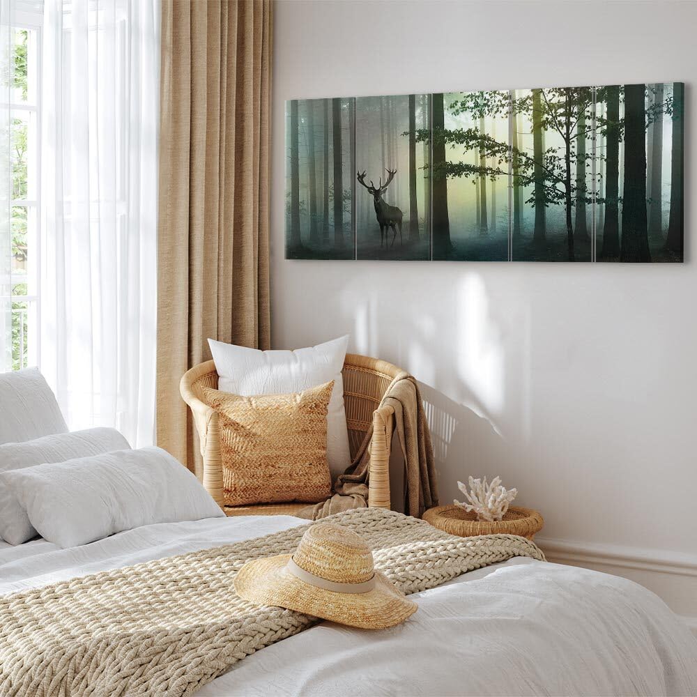 decomonkey Bilder Hirsch 225x90 cm 5 Teilig Leinwandbilder Wandbild Tiere | Bild auf Leinwand, Kunstdruck, Wanddeko, Wohnzimmer, Wanddekoration, Wald, Natur