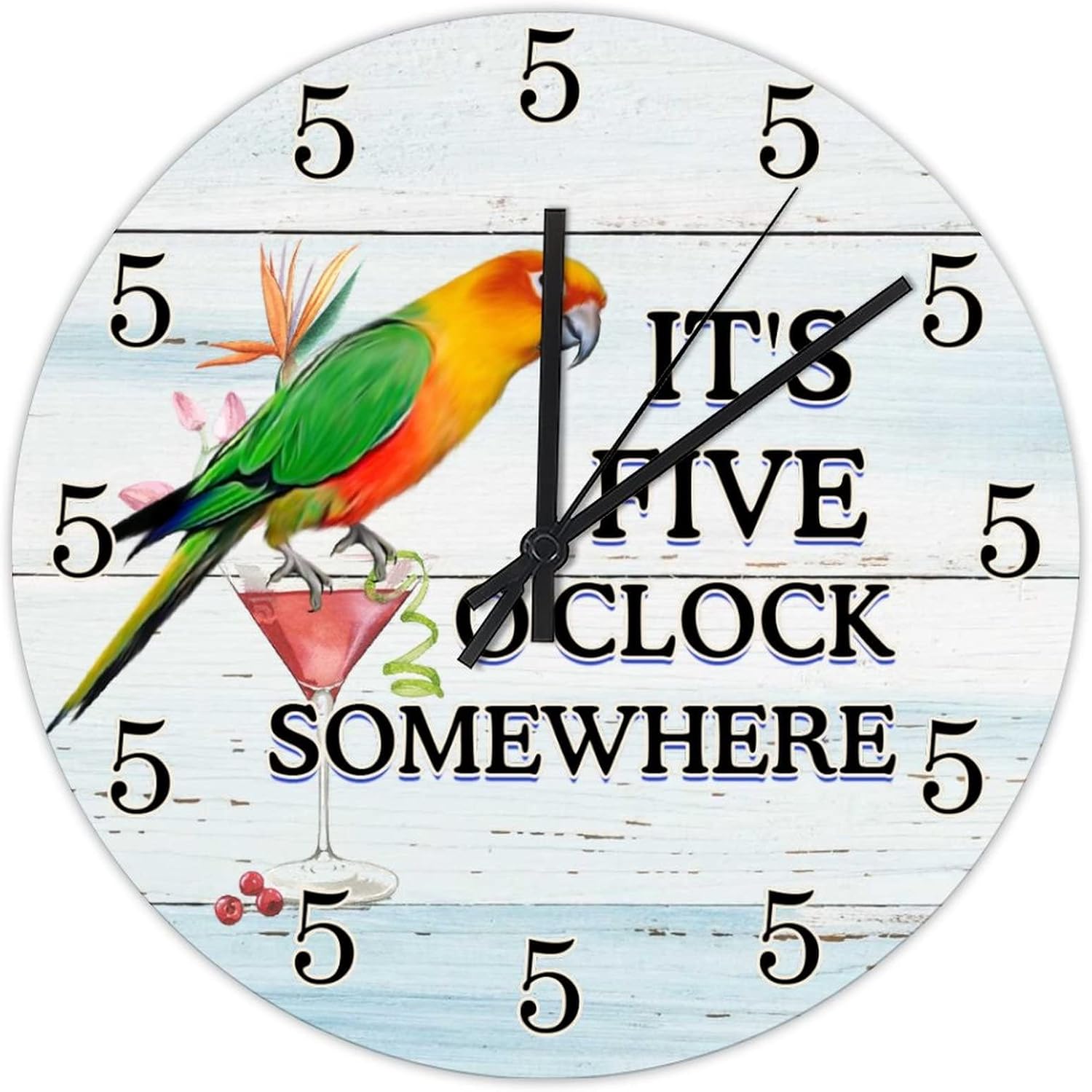 It's 5 O'Clock Somewhere Parrot Wooden Wall Clocks 15 Inch Tropical Beach Humor Desk Clock Quartz Non Ticking Round Clock for Home Living Room Office Decoration