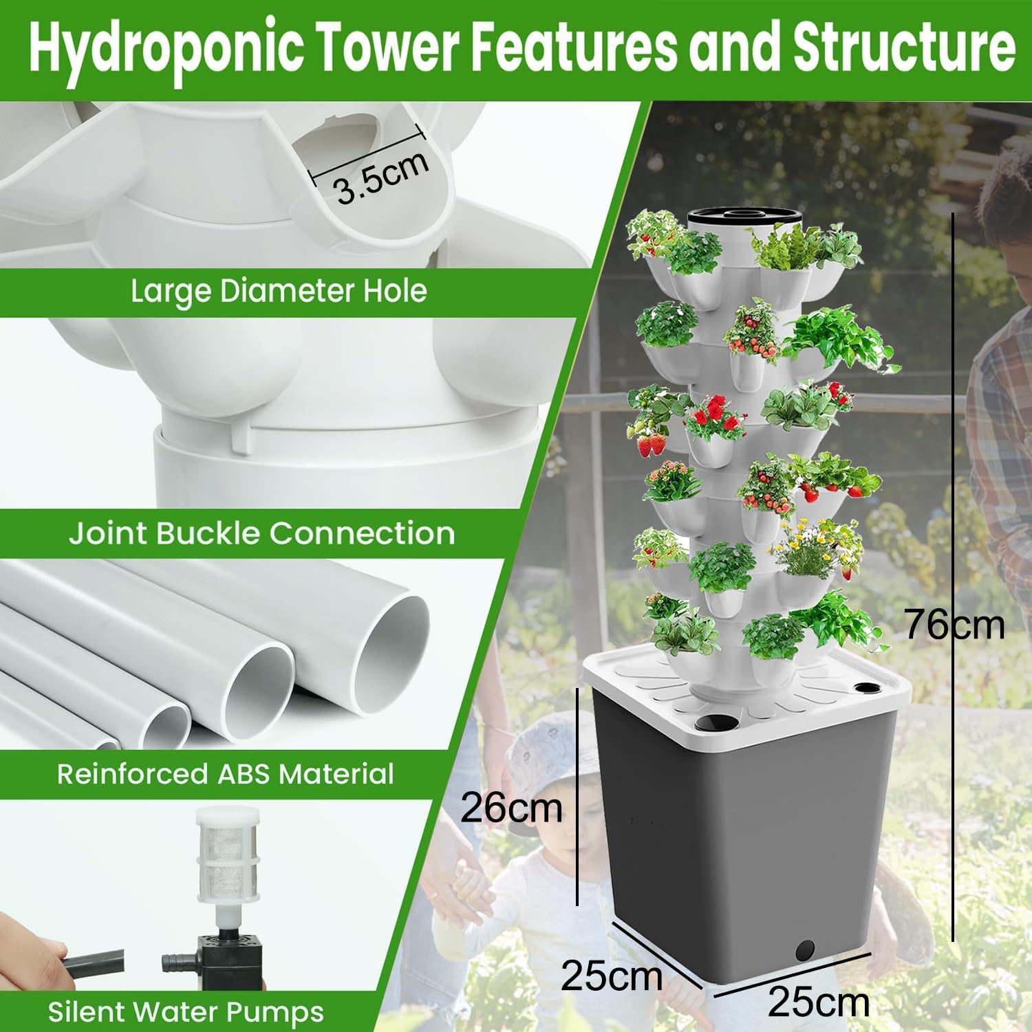 Hydroponischer Turm mit 30 Pods, Hydroponisches Anbausystem für Kräuter, Obst und Gemüse für den Garten, Aeroponisches Anbauset mit Befeuchterpumpe, Netztöpfe, für Kräuter, Obst und Gemüse