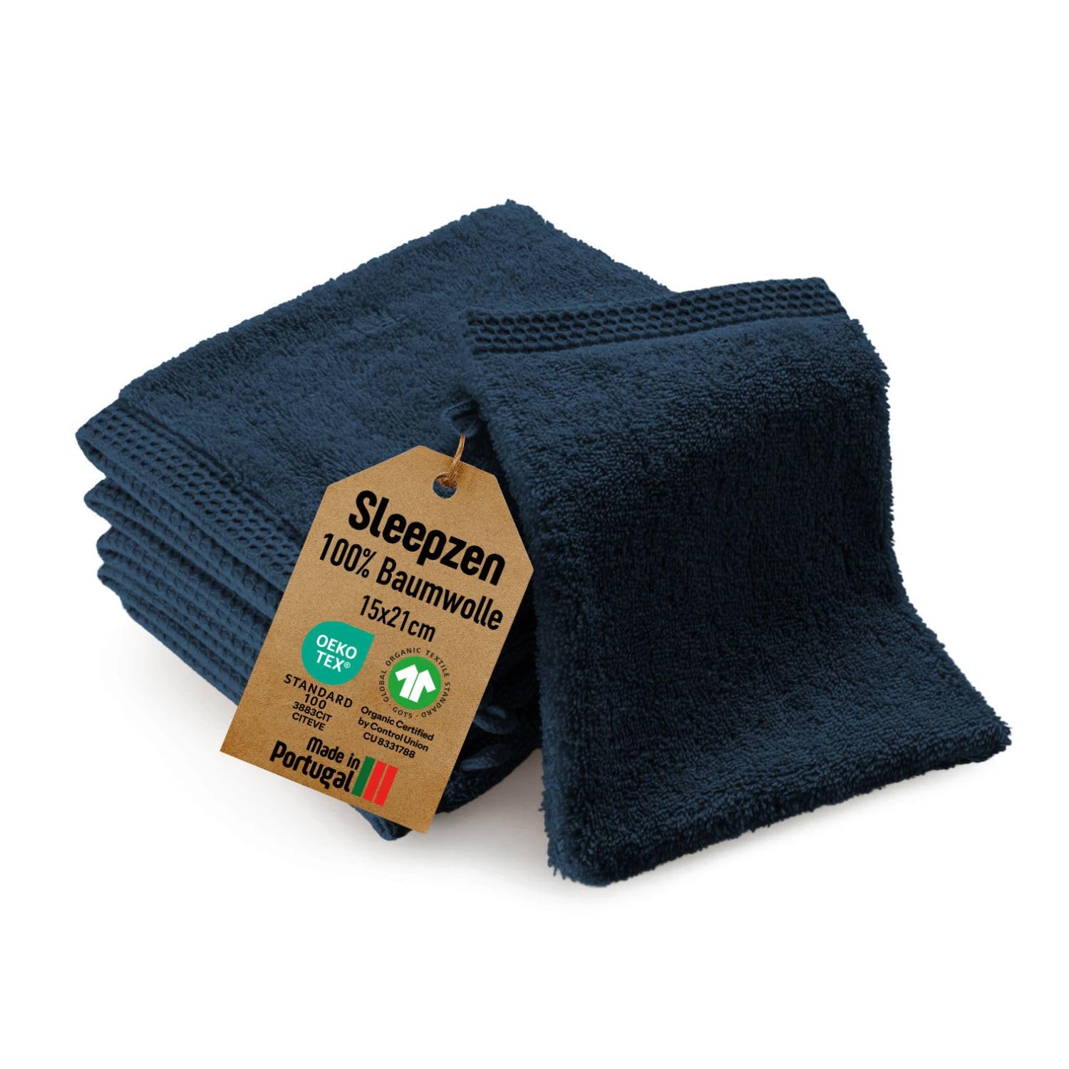 SLEEPZEN - Set aus 6 Gesichtstüchern/Waschlappen aus Bio-Baumwolle (Blue Poseidon) - GOTS & Oeko-Tex Zertifiziert - 500 g/m² Langstapel-Baumwolle - Besonders Weich - Hergestellt in Portugal