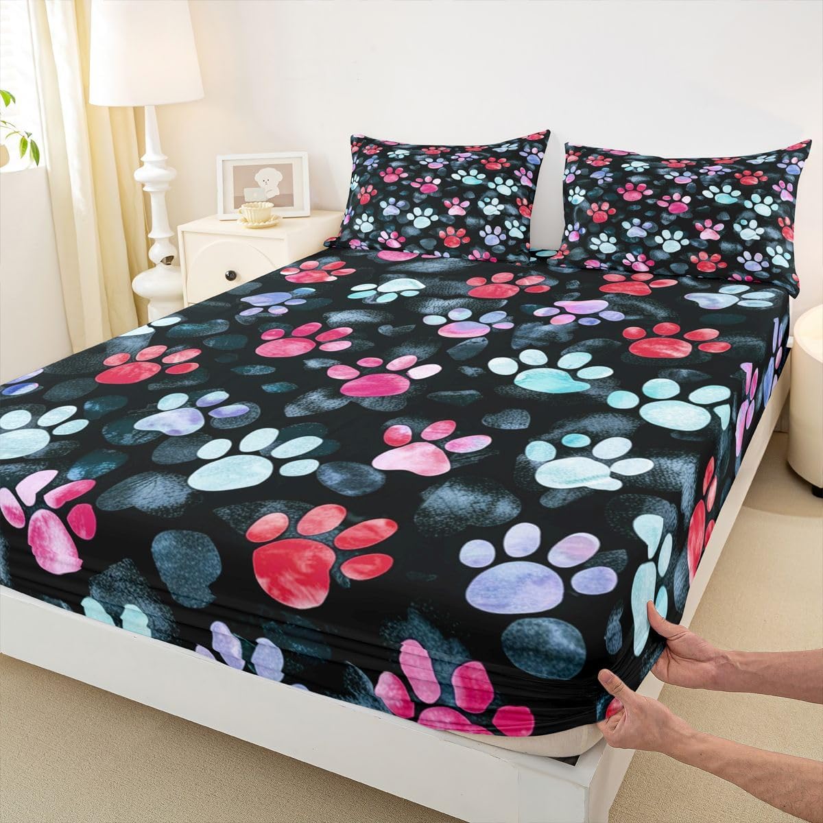 Castle Fairy Puppy Paw Print Fitted Sheet Twin Size (No Flat),Pet Animal Tie Dye Bedding Sets 2Pcs,Kids Girls Boys Room Decor,Watercolor Bed Sheets Modern Trendy Deep Pocket Sheet,1 Pillowcase