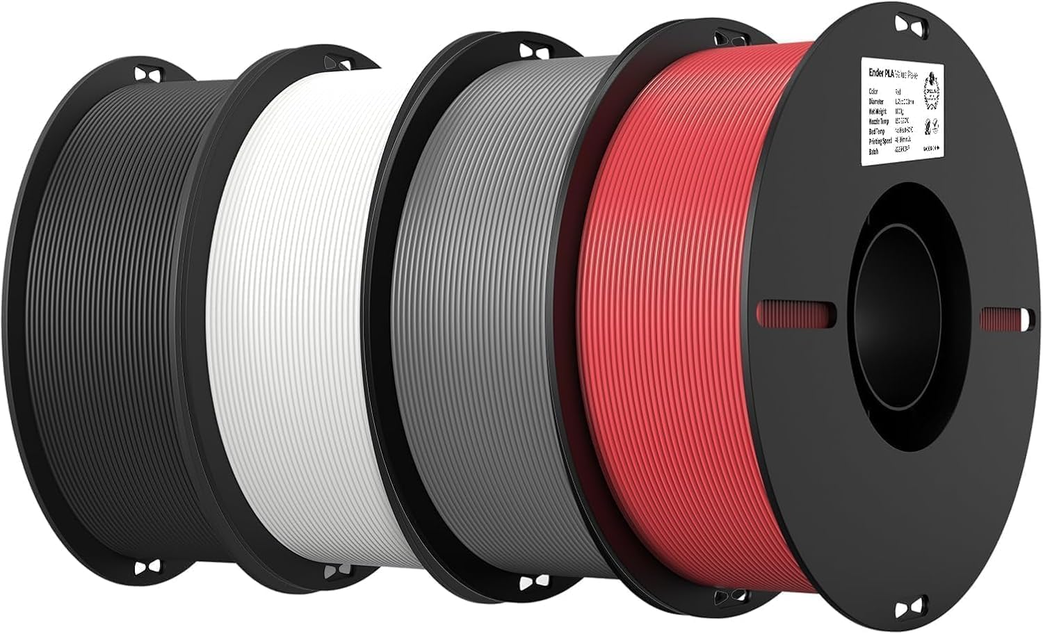 Creality Ender Filamento PLA de 1,75 mm, 4 unidades, negro, blanco, gris, rojo, sin enredos, fuerte adherencia, precisión ± 0,02 mm
