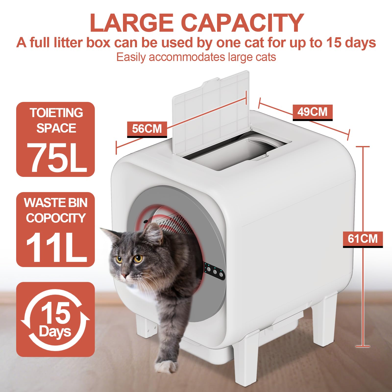 [Meowra] Self-Cleaning Cat Litter Box, 75L XL Capacity(48x55x61cm), WiFi APP Control, Odorless Automatic Cat Toilet with Garage Bags