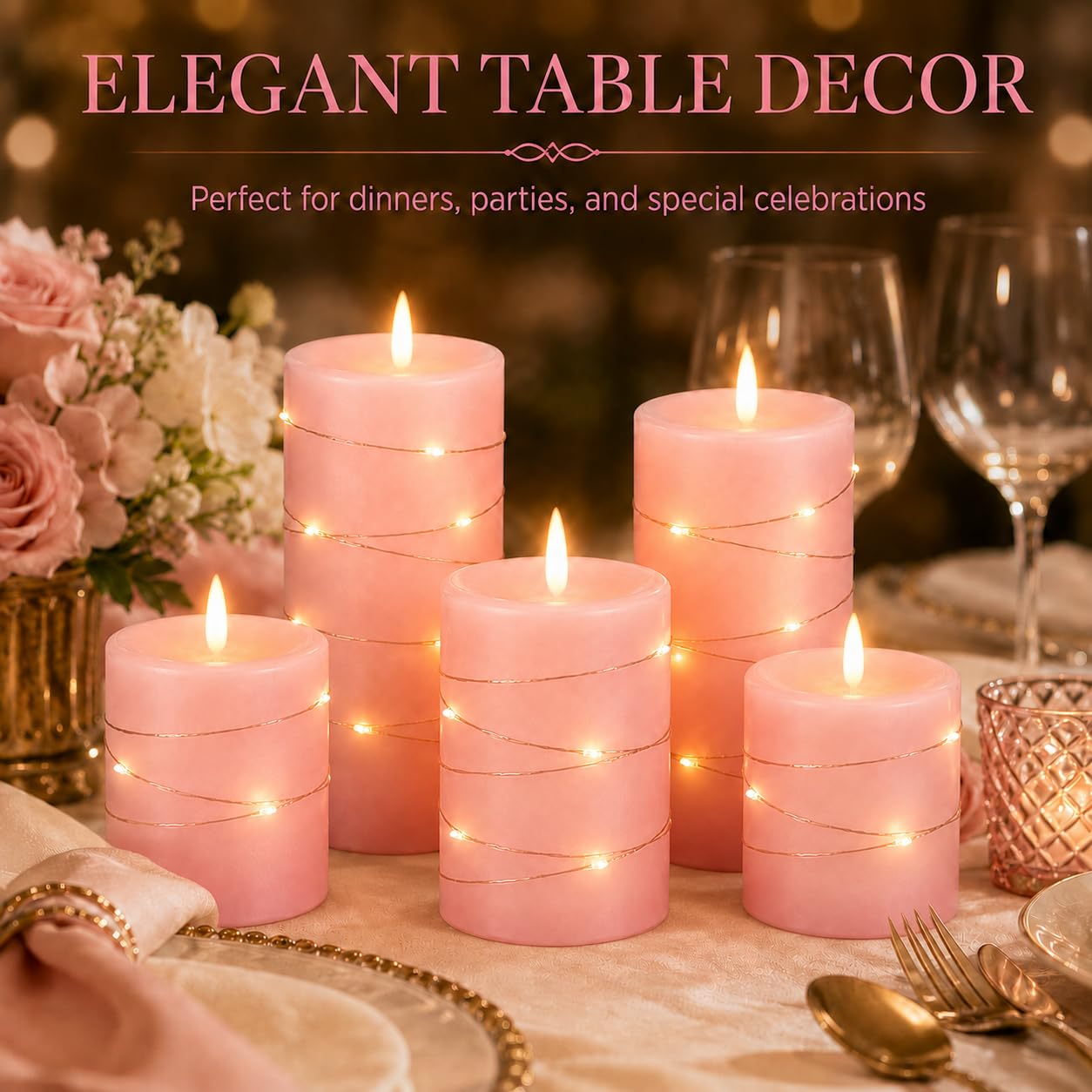 Upinmz Candele tremolanti senza fiamma con luci a stringa incorporate, candele a batteria con telecomando e timer, candele LED per decorazione domestica, vera cera, confezione da 3 pezzi, rosa