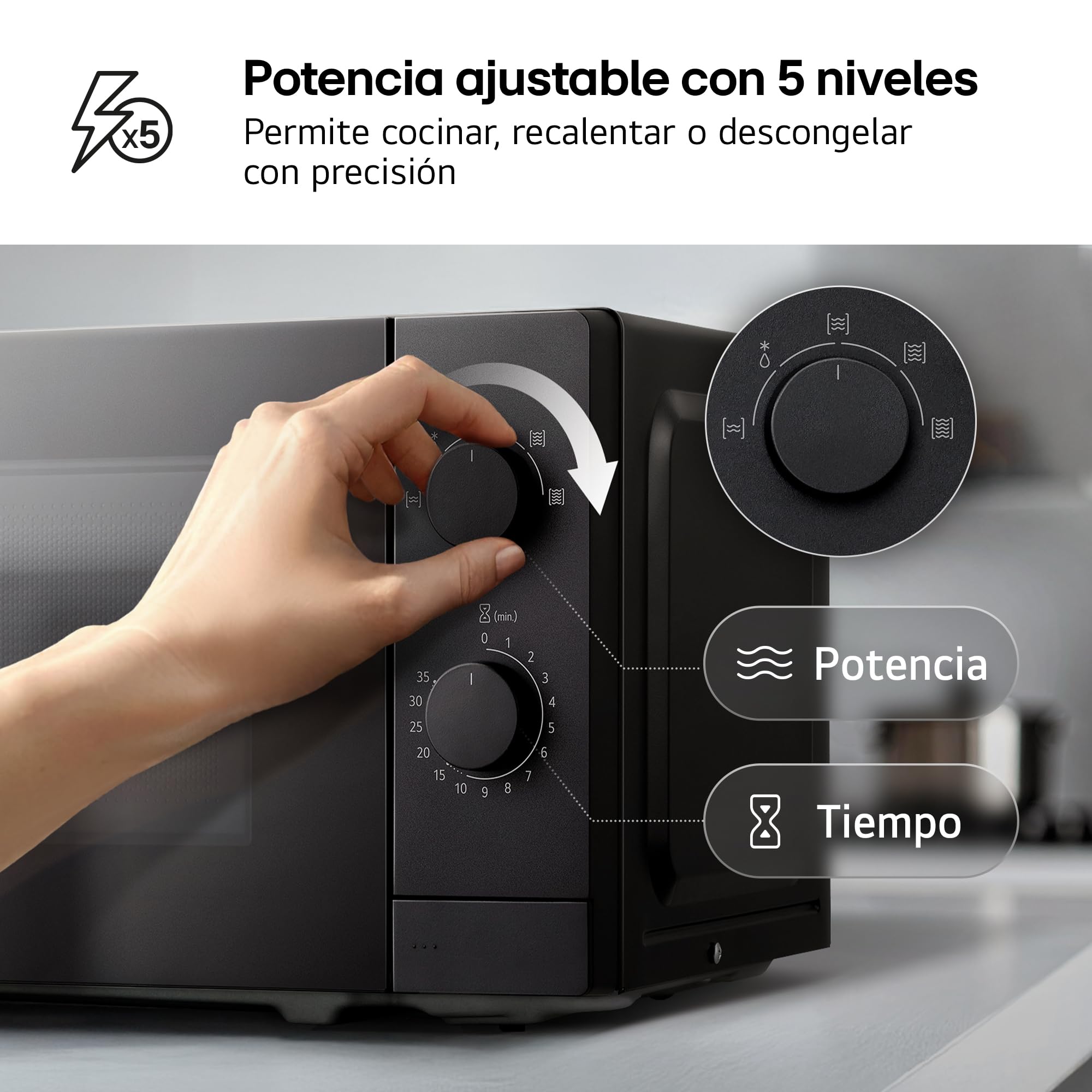 LG - MS2082F Microondas, 20 Litros, 700W, Negro, 44.5x25.8x34.5 cm, Control Mecánico, 5 Niveles de Potencia