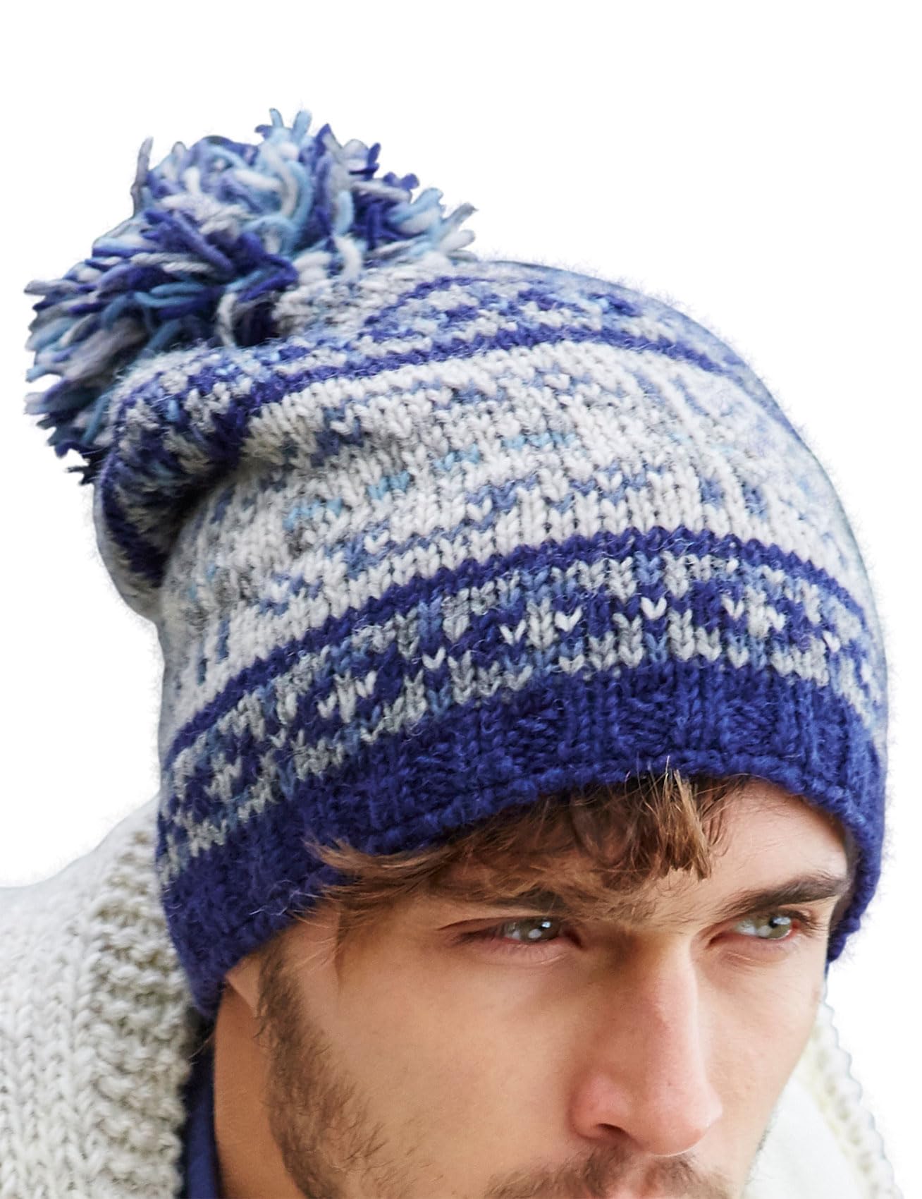 Pachamama Men Wool Beanie Bobble Hat Fleece Lined Handknitted Traditional Fairisle Blue One-Size Handmade Extra Warm Fair Trade