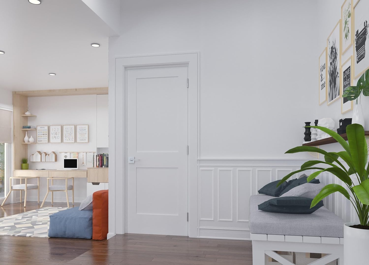 32 in. x 80 in. Left-Handed Solid Core Prehung Interior Door White Primed SmoothTexture Double Panel with Satin Nickel Hinges