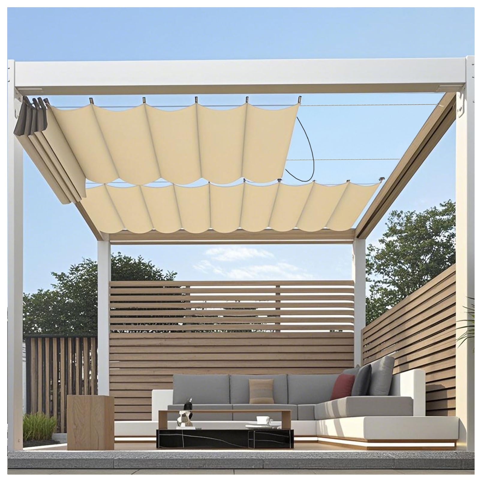 KLGFBDC Retractable Wave Sun Shade Sail 2x9.5m BeigeOutdoor Patio Canopy Breathable Pergola Awning Adjustable Garden Shade for Backyard and Terrace Protection