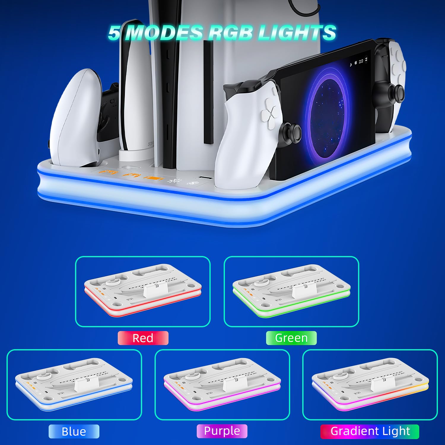 Sehawei Supporto per PS5/Pro/Slim con Ventola di Raffreddamento, Ricarica Controller PS5, Dock di ricarica PS Portal,PS5 Supporto Verticale con Indicatori LED e Headset holders per PS5/Pro/PS5 Slim