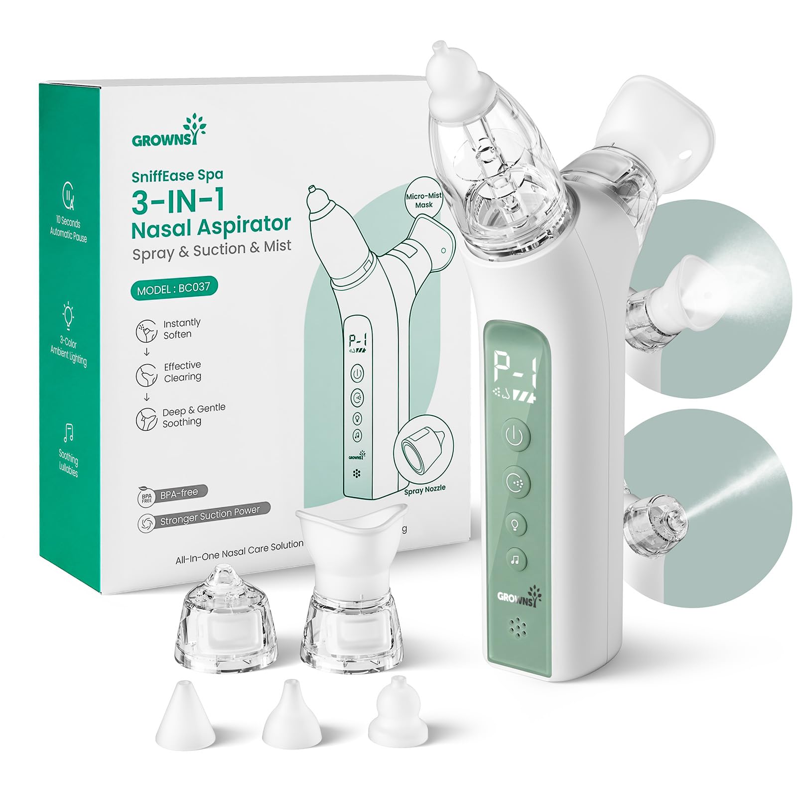 GROWNSY SniffEase Spa 3-in-1 Nasal Aspirator for Baby – Spray, Suction & Mist, Hospital-Grade Powerful Electric Nose Suction with Soothing Light & Music, Larger Chamber (Light Green)