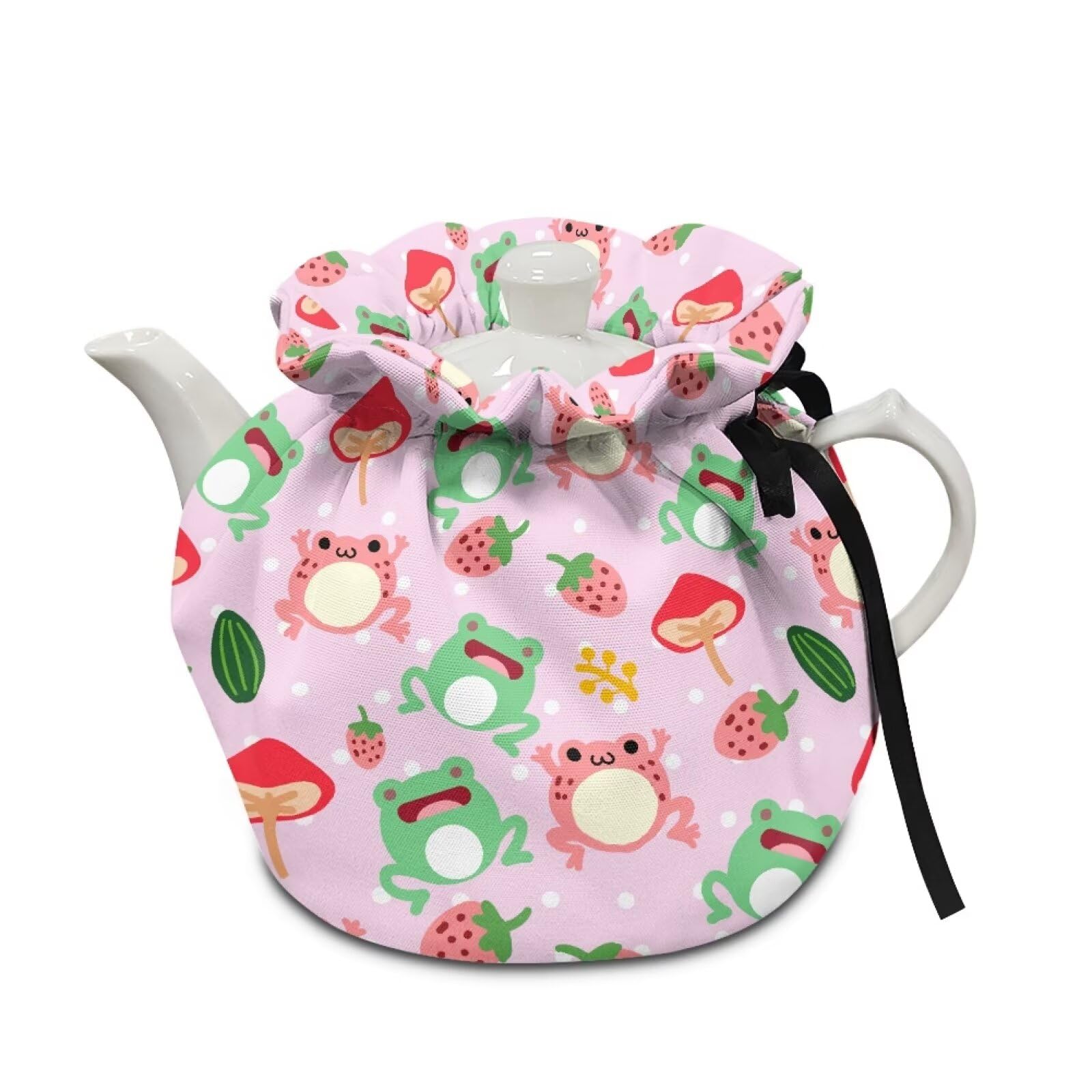 LJMKZJN Tea Pot Cozy Dustproof Insulated Teapot Cover with Adjustable Drawstring Kettle Cloth Cover Tea Cosy for Home Kitchen Decorative, Strawberry Frogs