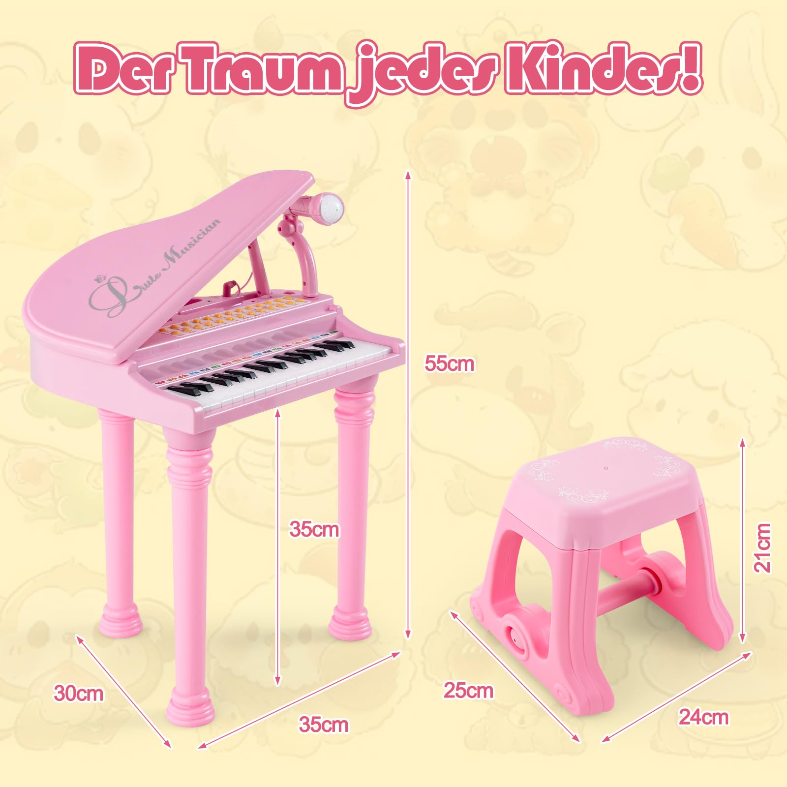GOPLUS 31 Tasten Kinder Keyboard mit Hocker, Klaviertastatur mit Mikrofon, LED-Licht & MP3-Schnittstelle, E-Piano mit 3 Lehrmodi, 22 Demos, 4 Rhythmen, Aufnahme & Wiedergabe für Kinder (Rosa)